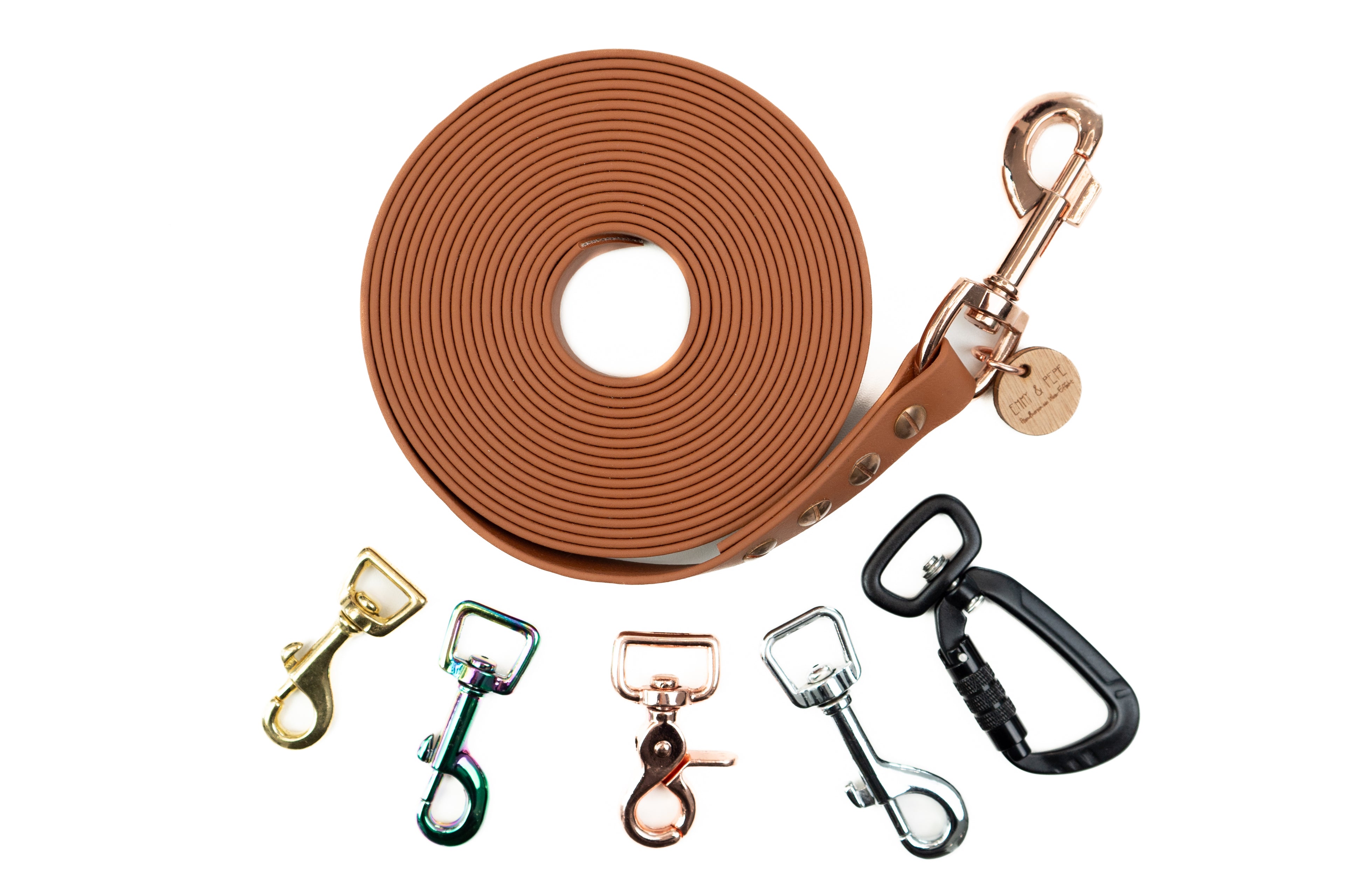 Schleppleine-Cognac-19mm-5m-Sicherheitskarabiner-schwarz-mit abnehmbarer Handschlaufe