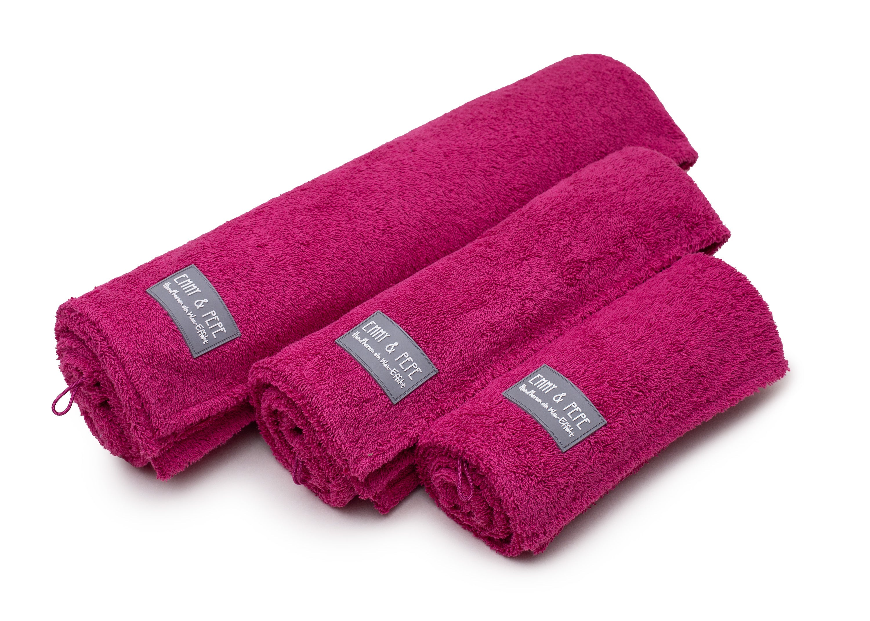 Hundehandtuch aus Bambusfaser Magenta alle Größen gerollt übereinander