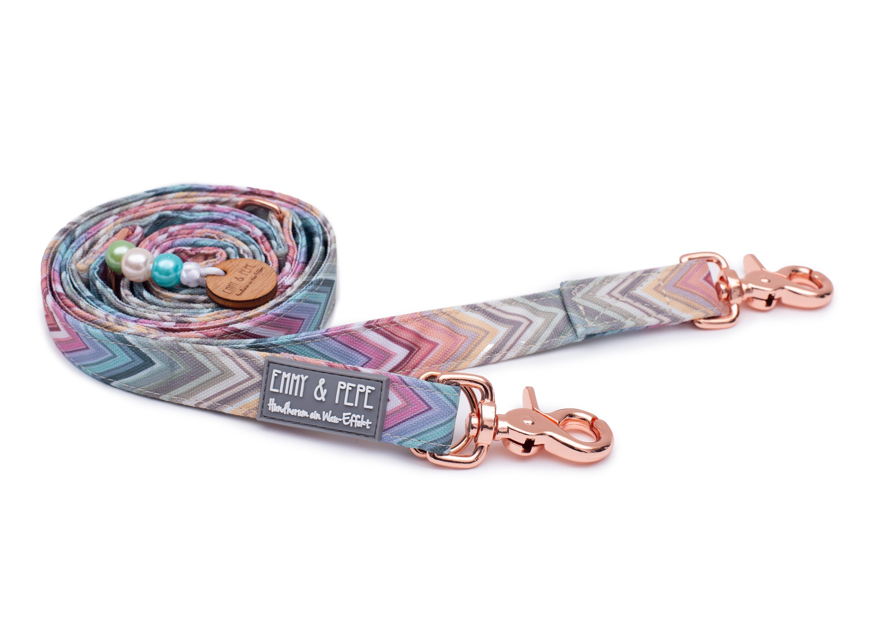 Hundeleine Wau-Move Waussoni  in Pastellfarben in ZickZack Muster mit rosegoldenem Scherenkarabiner in verschiedenen Größen