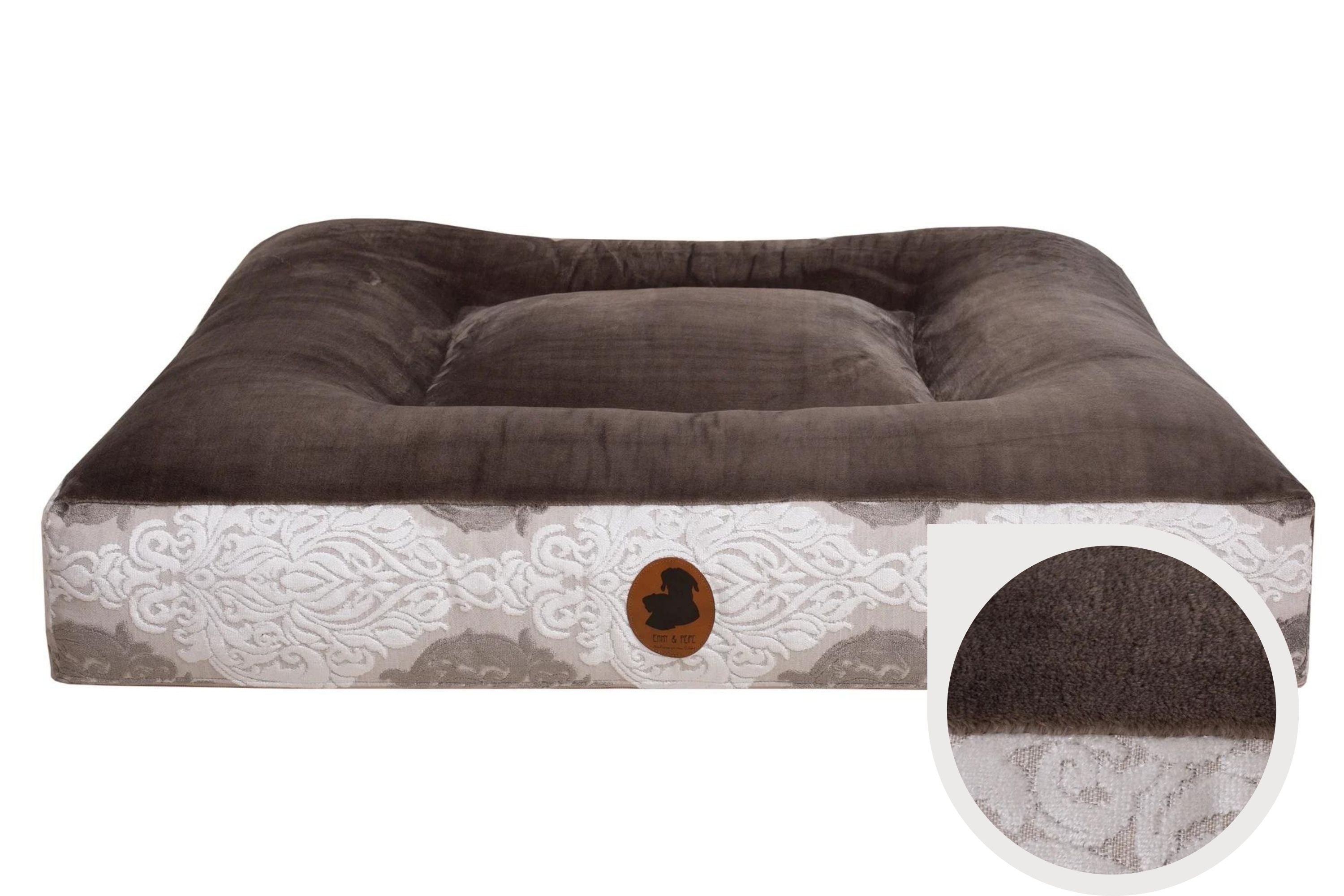 Wechselbezug für orthopädisches Hundebett, Modell Barock Romance, heller Boden, dunkelbraune Liegefläche, Eckig, in verschiedenen Größen