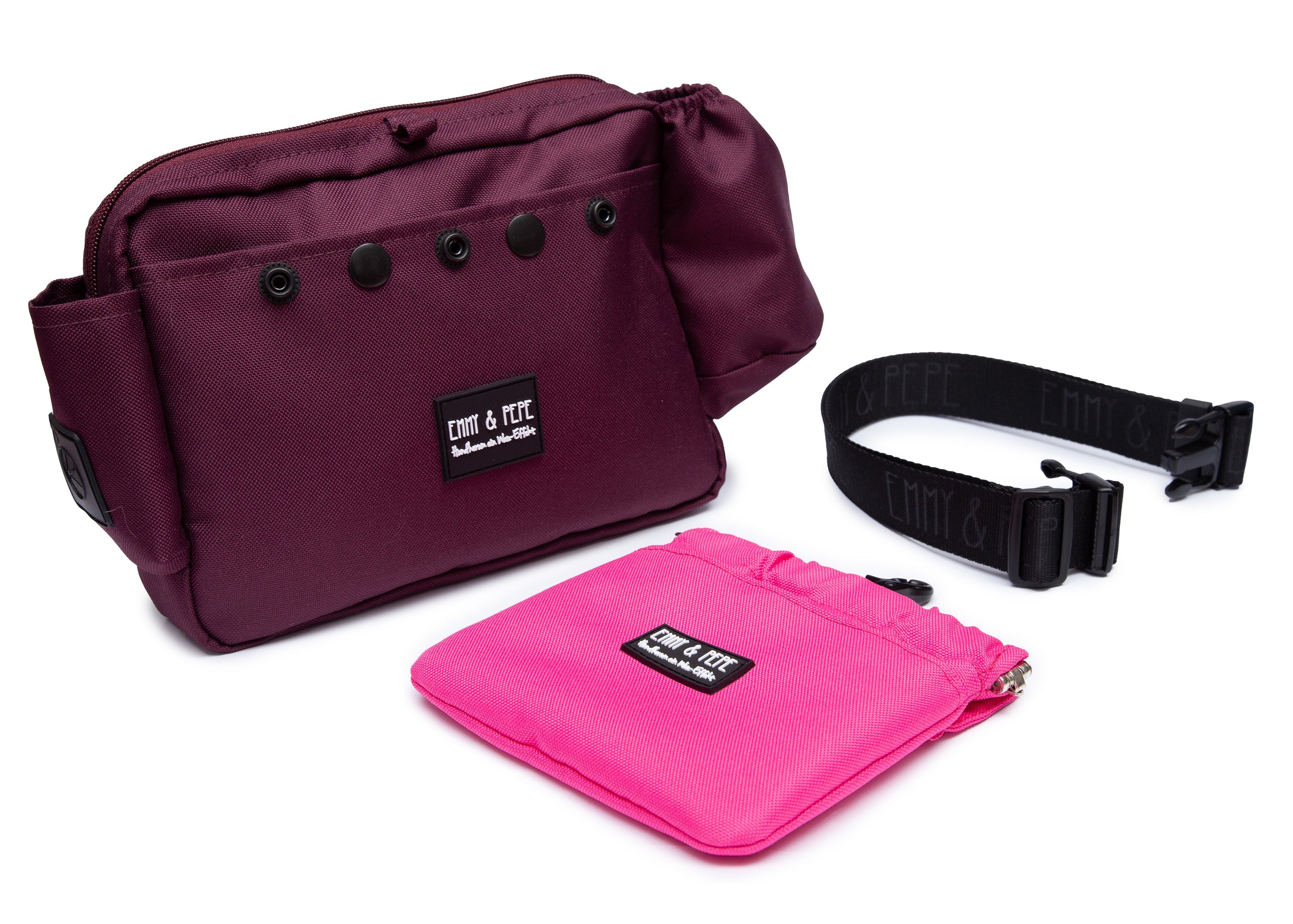 Wau-Pack große Gassitasche, Modell  Pink Berry, Gurtlängen S (60-85cm),M (80-110cm),L (100-145cm) - bei jedem Spaziergang alles dabei - pinke Wau-Pocket und beerenfarbene Tasche