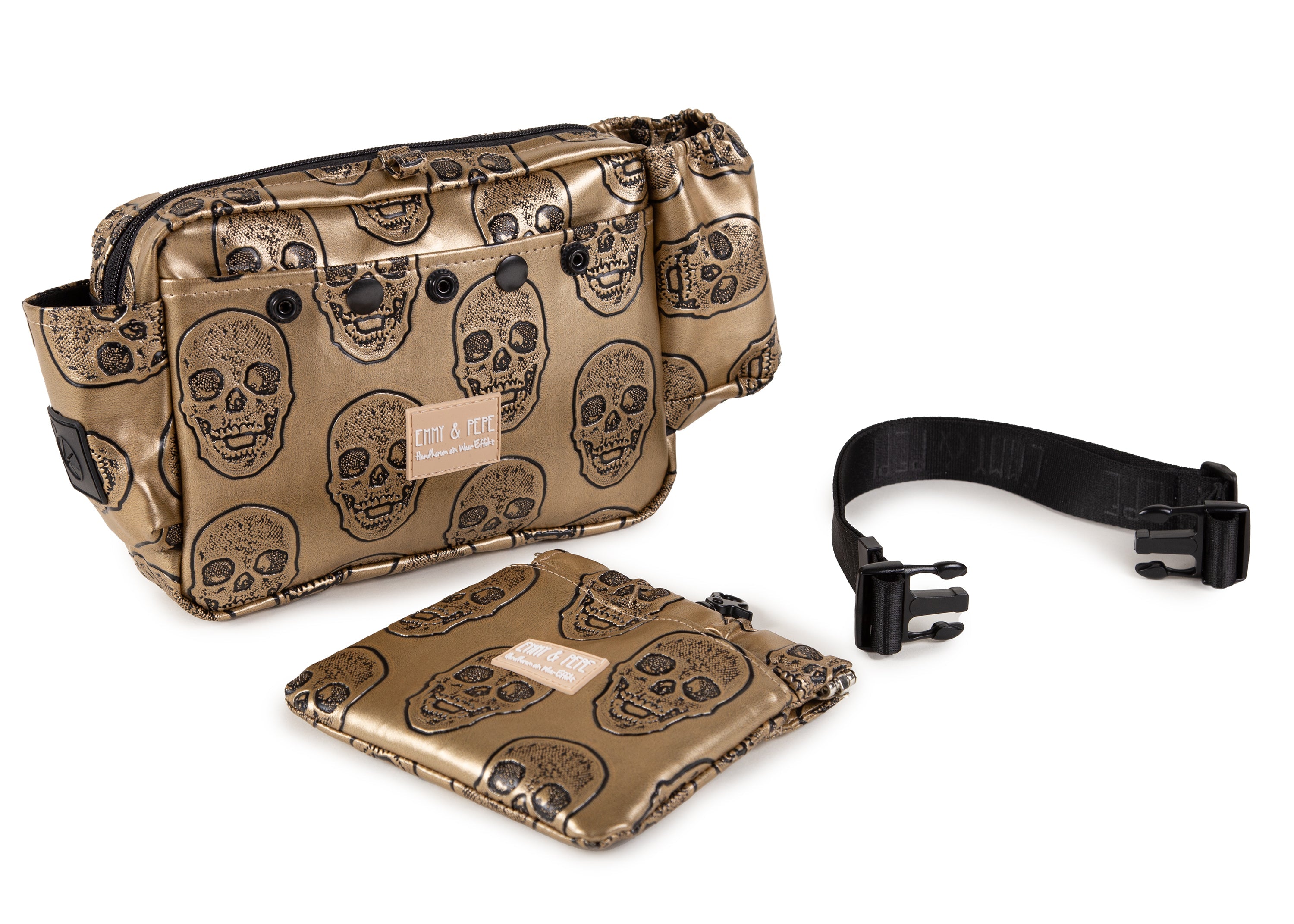 Wau-Pack große Gassitasche, Modell Goldskull, Kunstleder mit Totenkopfmotiv - mit viel Platz für alles, was du beim Spaziergang brauchst