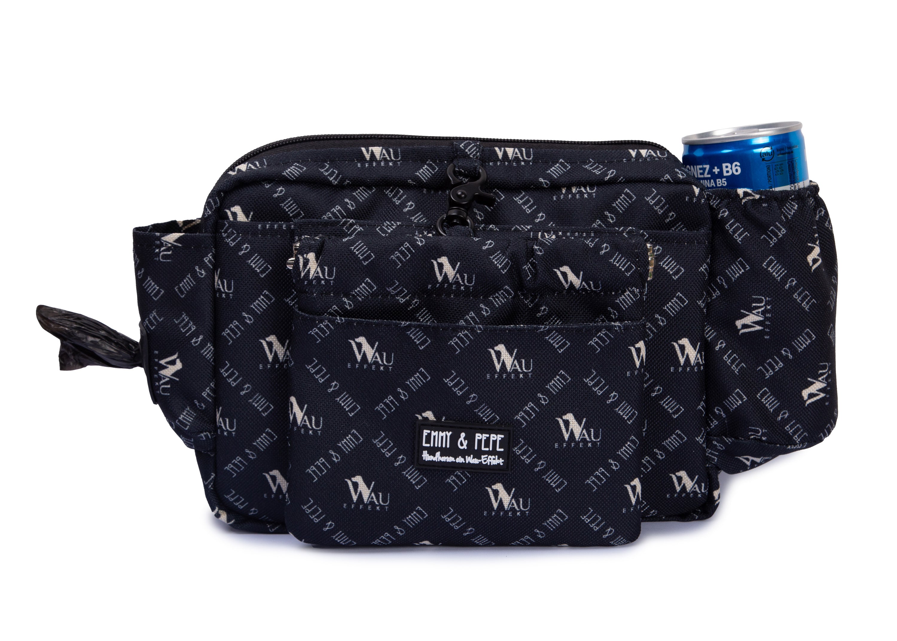 Wau-Pack große Gassitasche, Modell  "Wau-Effekt" schwarz mit kleinen Logos, viele Fächer und Taschen - alles dabei beim Spaziergang