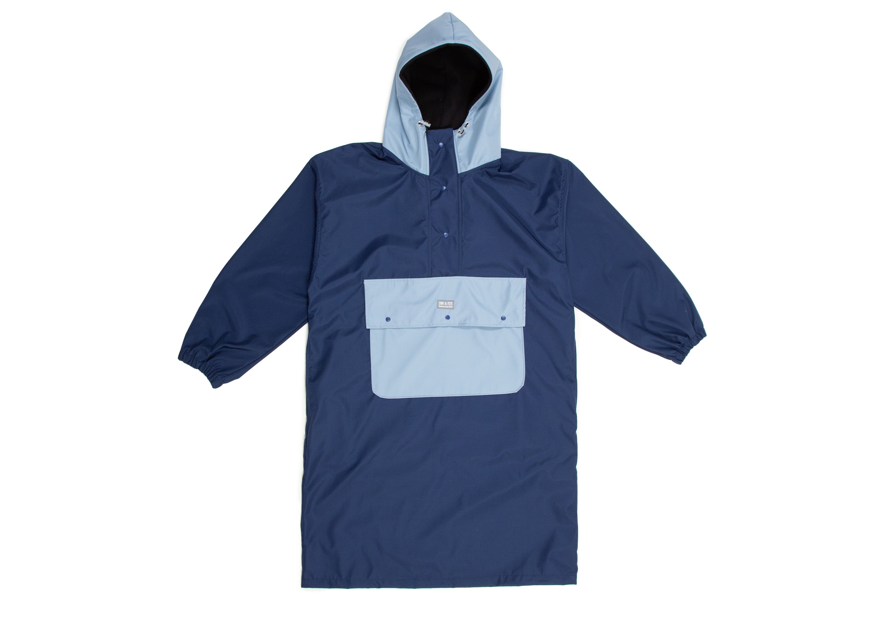 Wau-Poncho Regenponcho, Modell  Hellblau-Dunkelblau, mit großer Bauchtasche