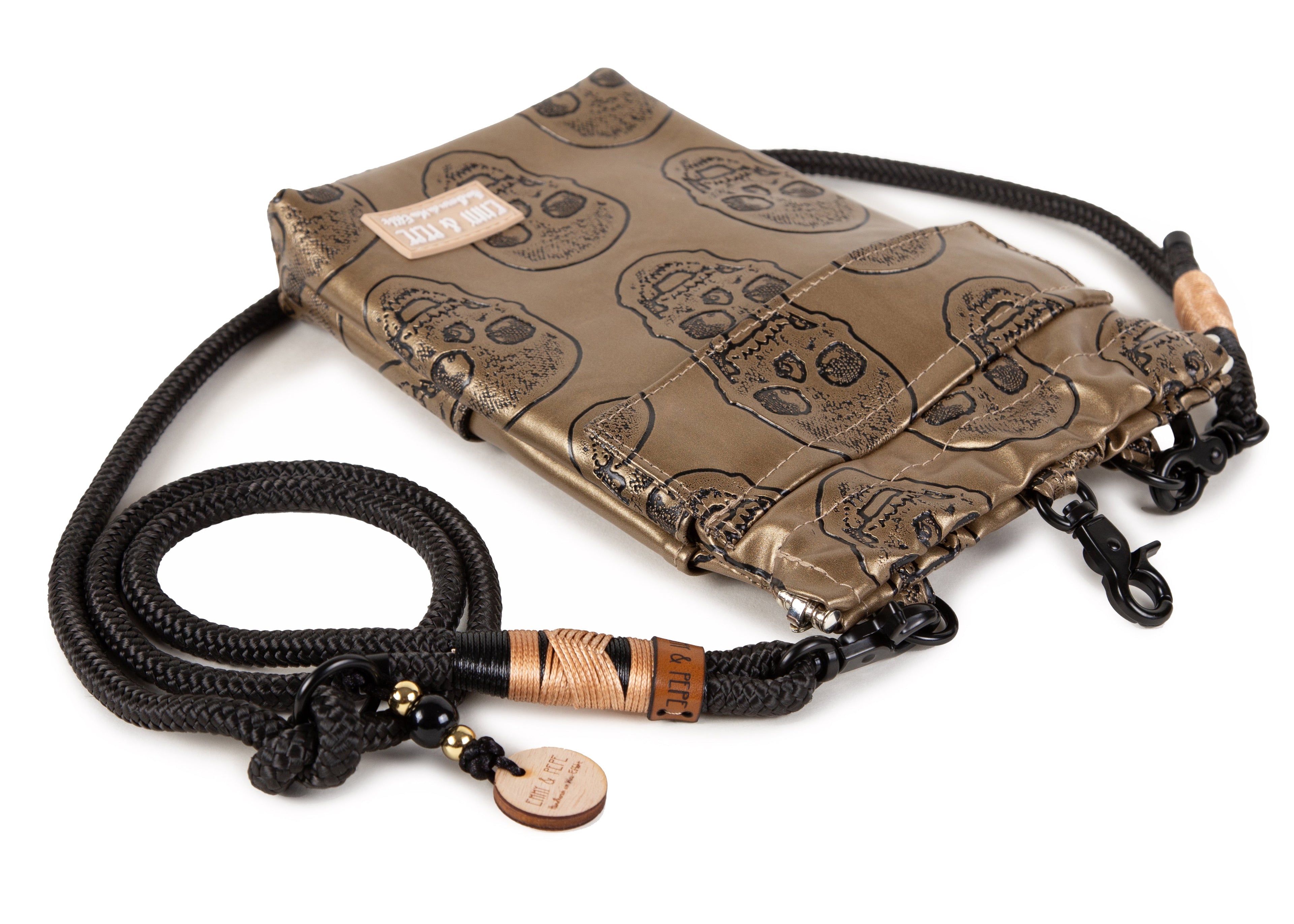 Wau-to-go Gassitasche, Modell  Goldskull, Kunstleder mit goldenem Totenkopfmotiv  - bei jedem Spaziergang alles dabei