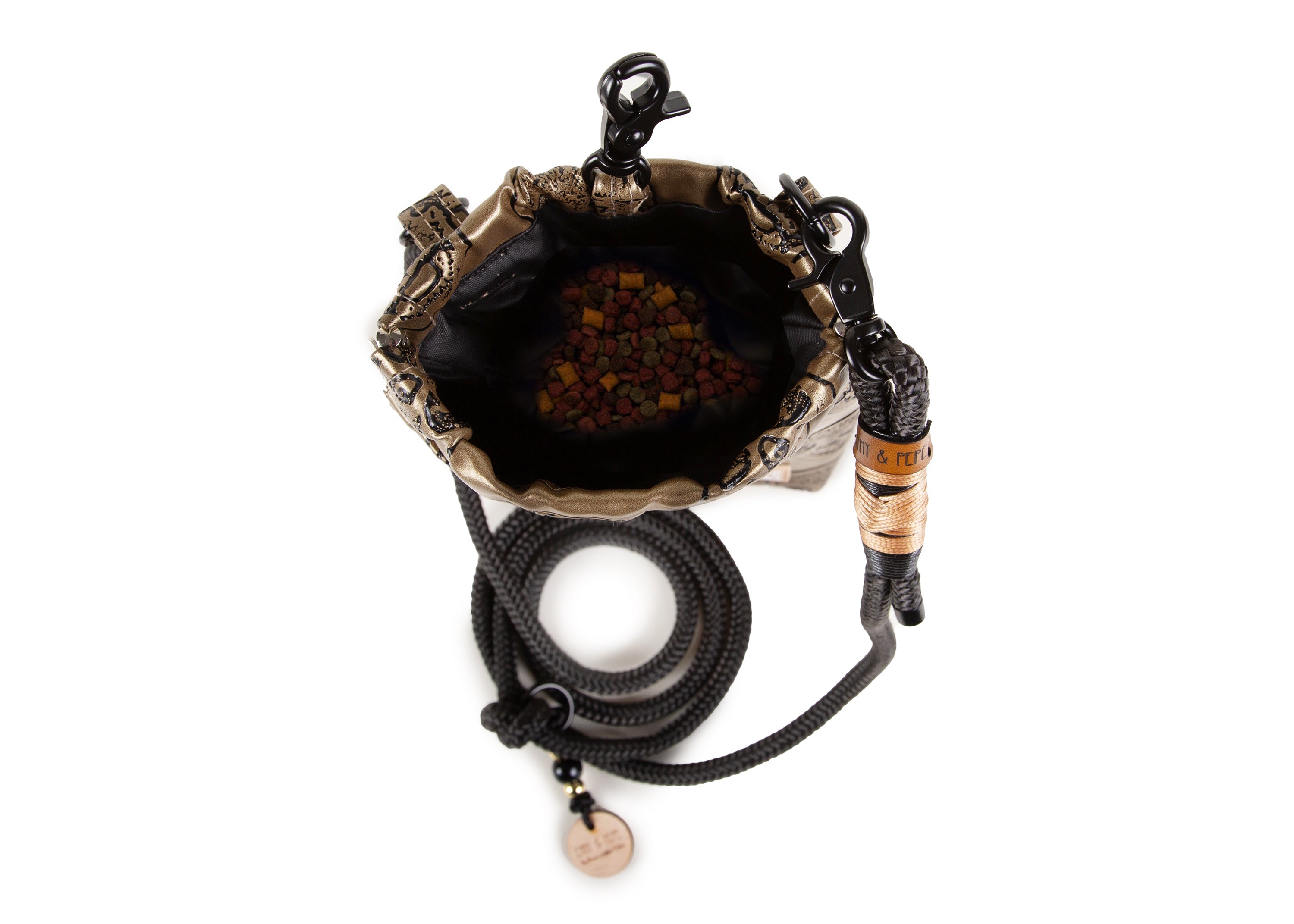 Wau-to-go Gassitasche, Modell  Goldskull, Kunstleder mit goldenem Totenkopfmotiv  - bei jedem Spaziergang alles dabei - mit großem Leckerlifach