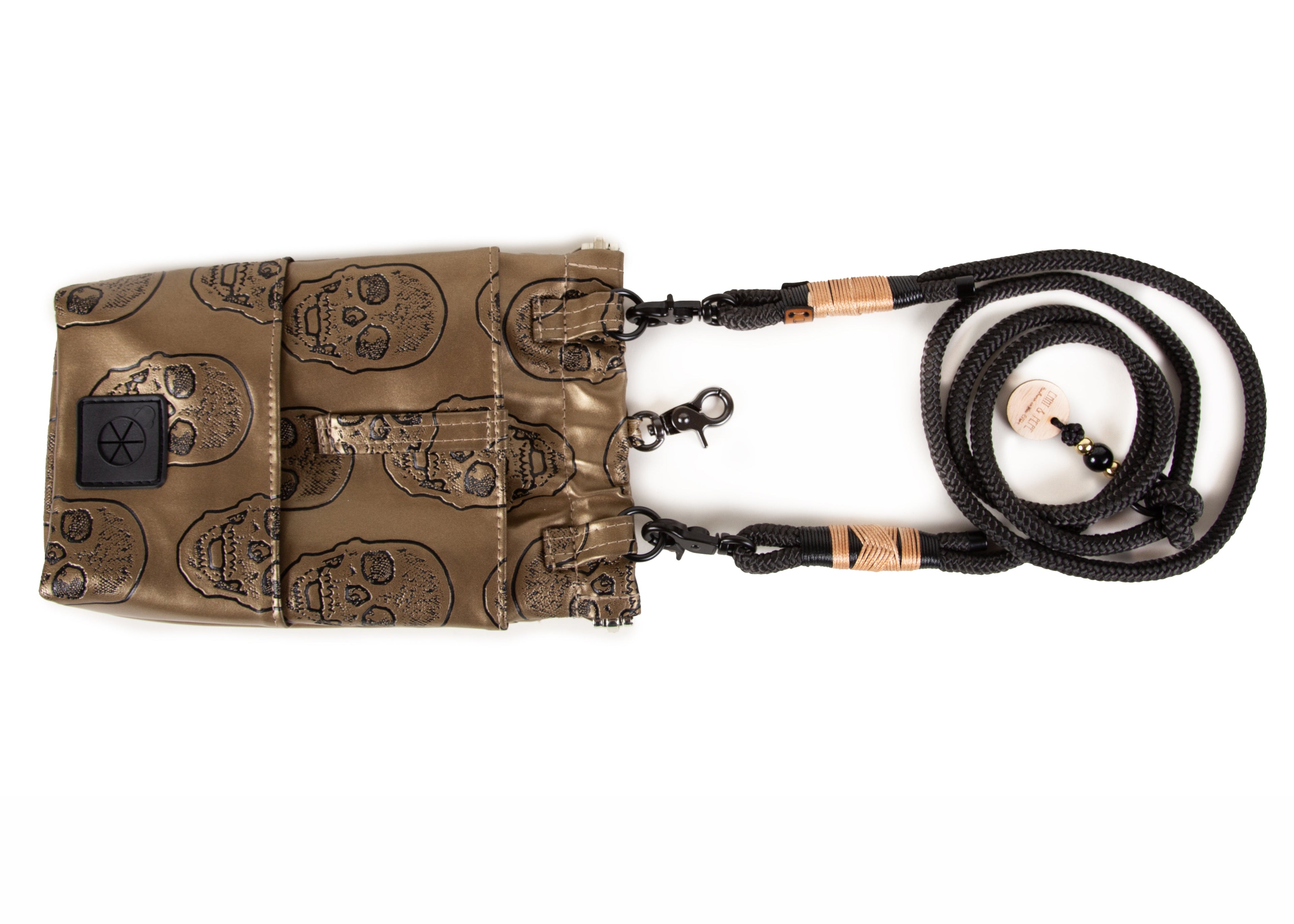 Wau-to-go Gassitasche, Modell  Goldskull, Kunstleder mit goldenem Totenkopfmotiv  - bei jedem Spaziergang alles dabei  - mit praktischem Umhängegurt