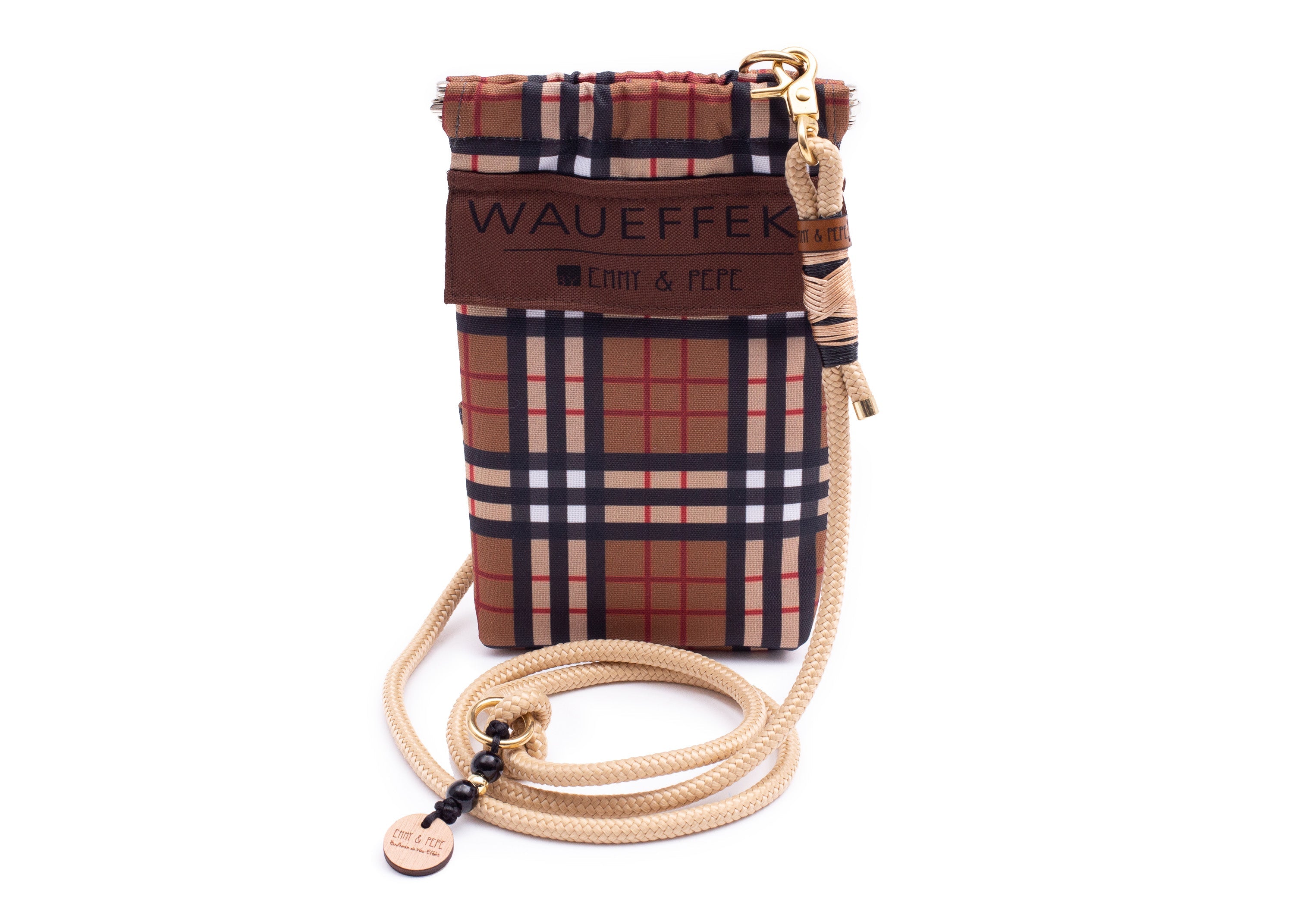 Gassitasche Wau-to-go Sherlock in edlem kariertem Muster in braun, beige und rot mit Schultergurt und mehreren praktischen Fächern