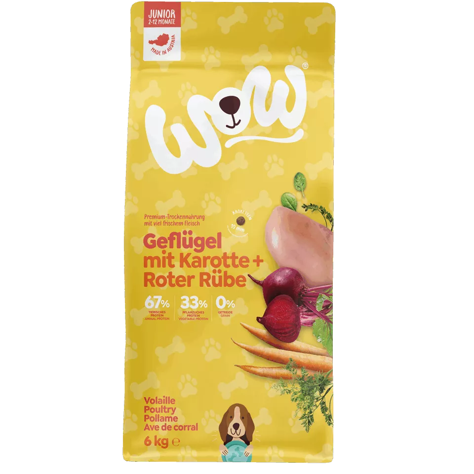 Trockenfutter für Hunde WOW Geflügel Junior 1kg,6kg,12kg Sandy Brown