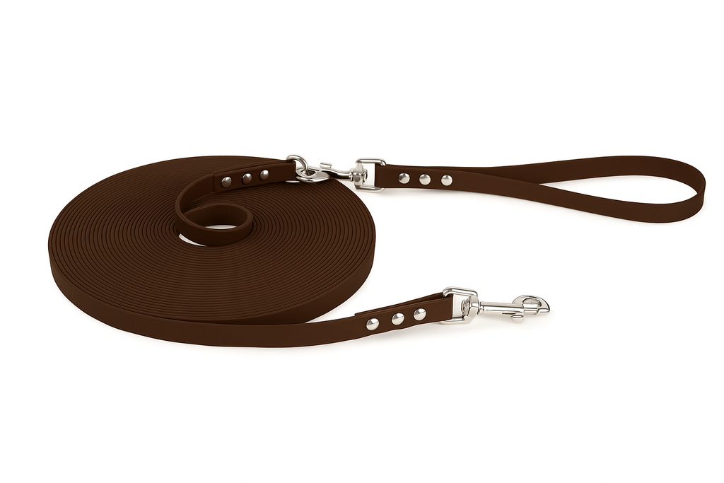 SuperflexSchleppleine-Dunkelbraun 10m mit abnehmbarer Handschlaufe - rose