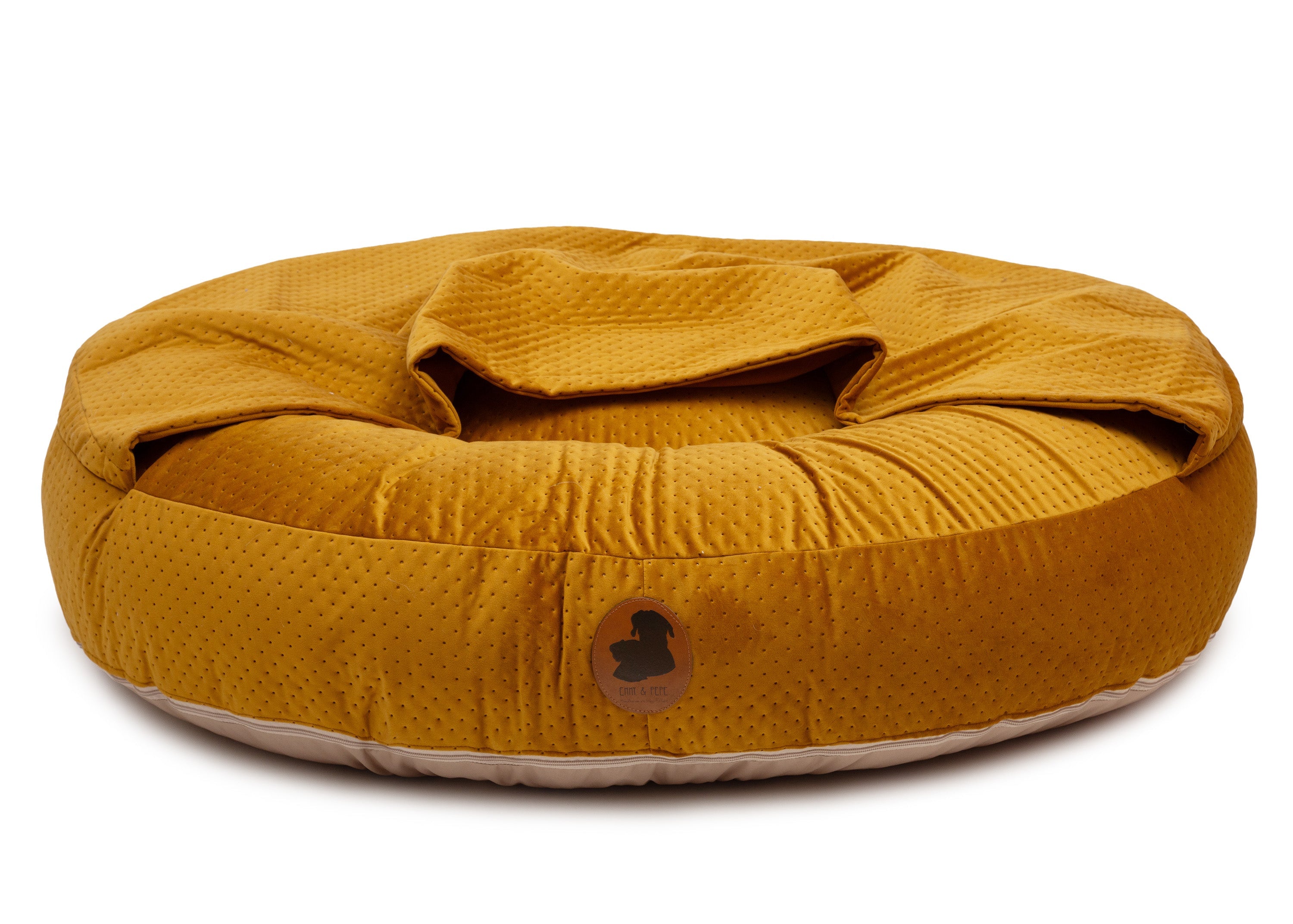 Wau-Bed orthopädisches Hundebett mit Höhle Dot Mustard / Oval / S (80x60cm),Mustard / Oval / M (100x80cm),Mustard / Oval / L (120x100cm),Mustard / Oval / XL (140x120cm) Dark Goldenrod