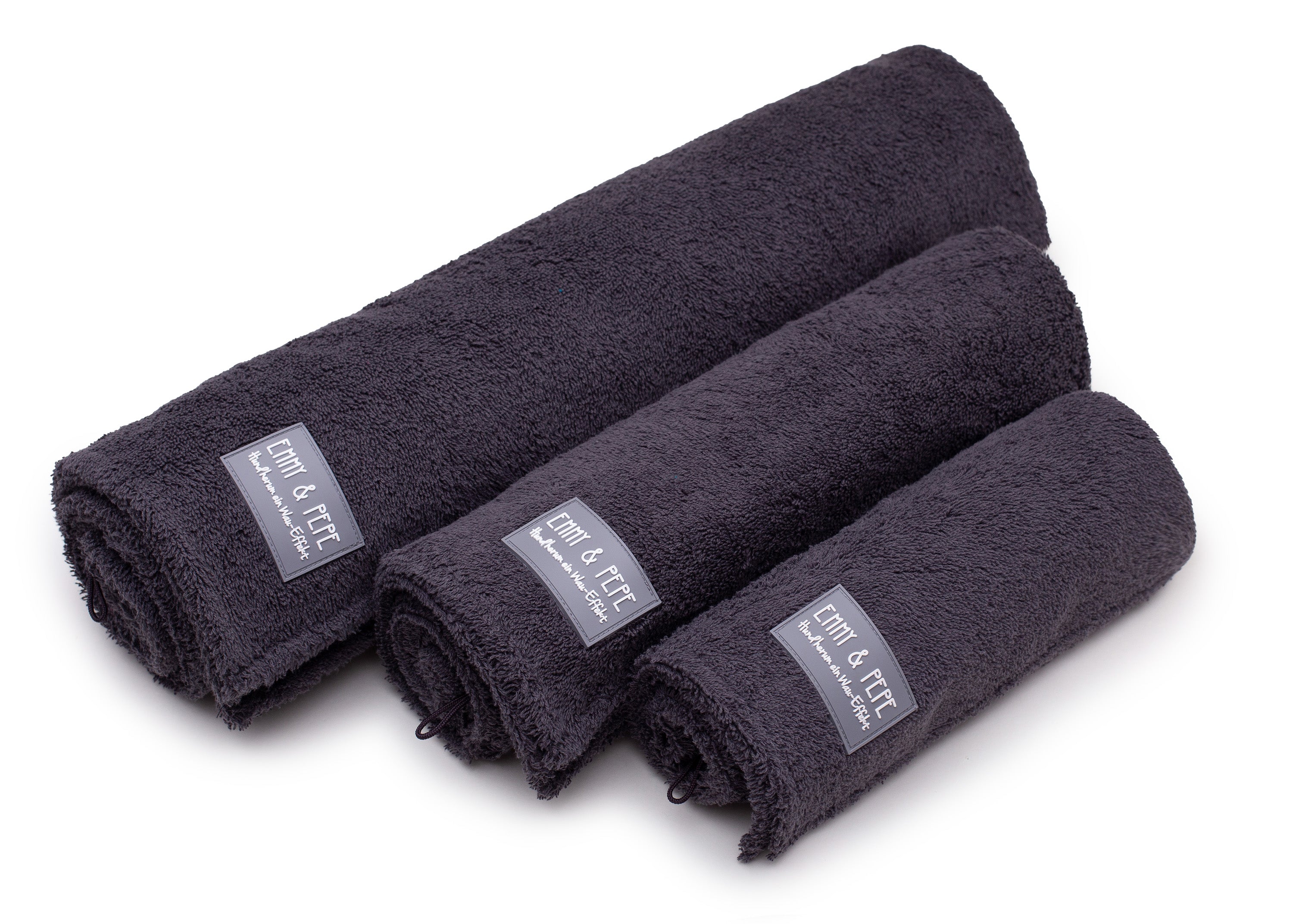 Hundehandtuch aus Bambusfaser, Modell Grey  alle Größen gerollt übereinander