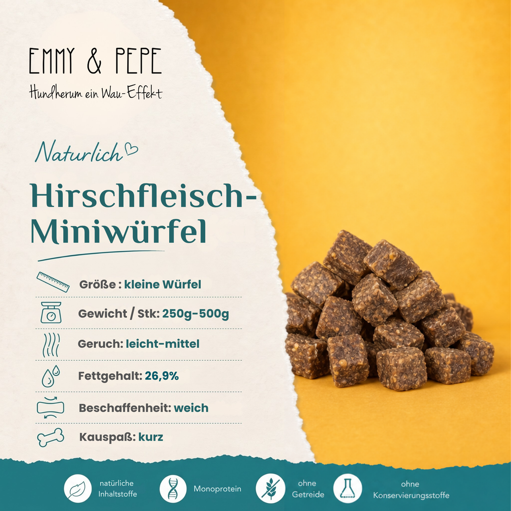 Emmy & Pepe Hirschfleisch Miniwürfel Kausnack für Hunde – Übersicht mit Länge kleine Würfel, Gewicht 2g pro Stück, Geruch leicht, Fettgehalt, Beschaffenheit mittel-hart, Kauspaß kurz, sowie Hinweise zu natürlichen Inhaltsstoffen, Monoprotein, ohne Getreide und ohne Konservierungsstoffe