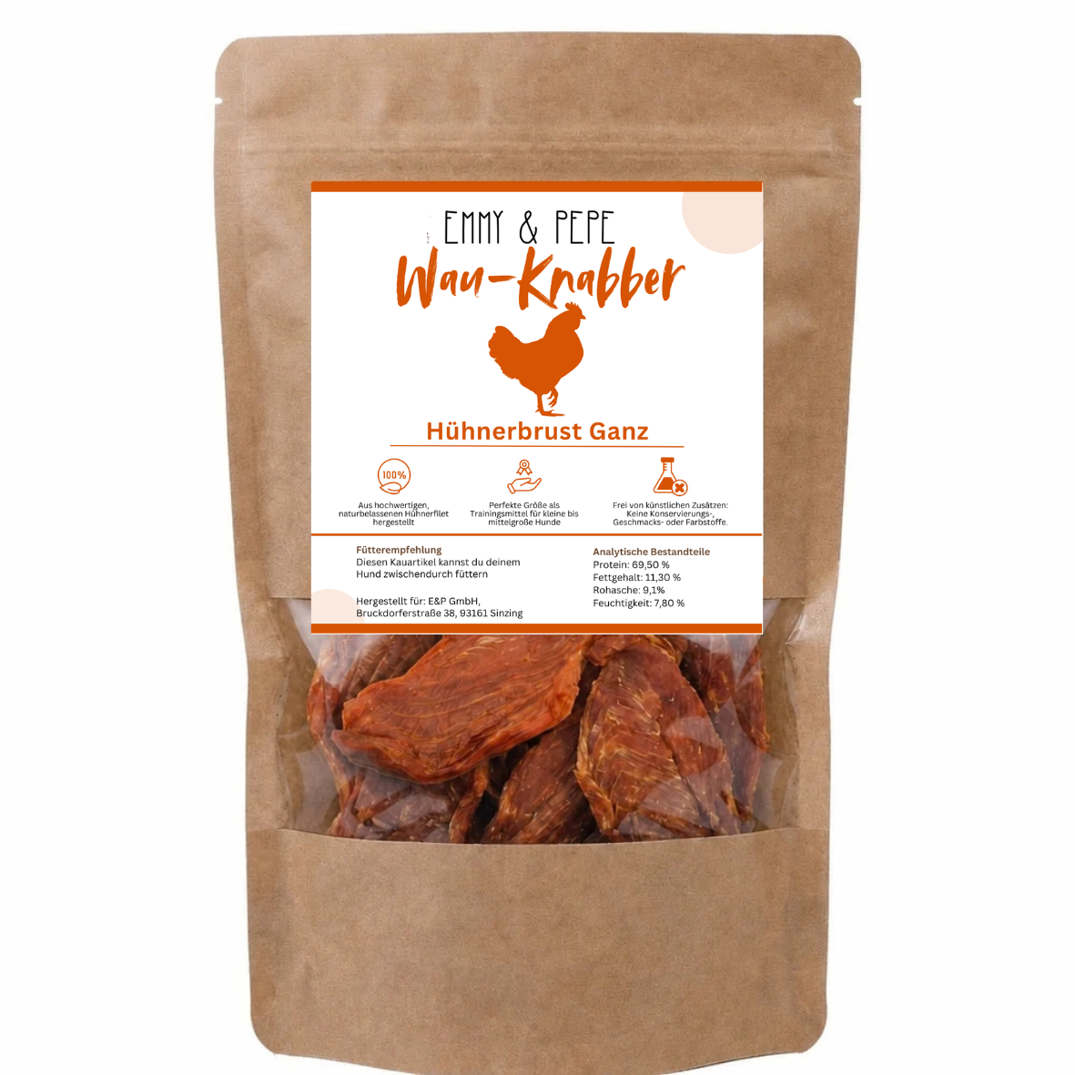Wau-Knabber Hühnerbrust Ganz von EMMY & PEPE – Produkttüte, 100 % Huhn, schonend getrocknet