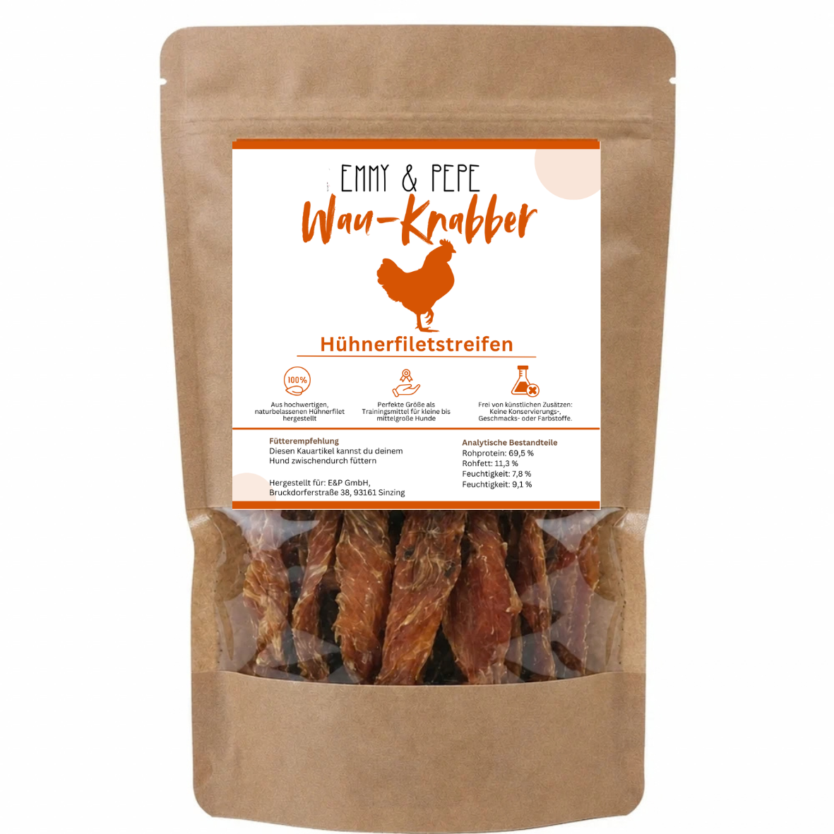 Wau-Knabber Hühnerfilet Streifen von EMMY & PEPE – Produkttüte, 100 % Huhn, schonend getrocknet