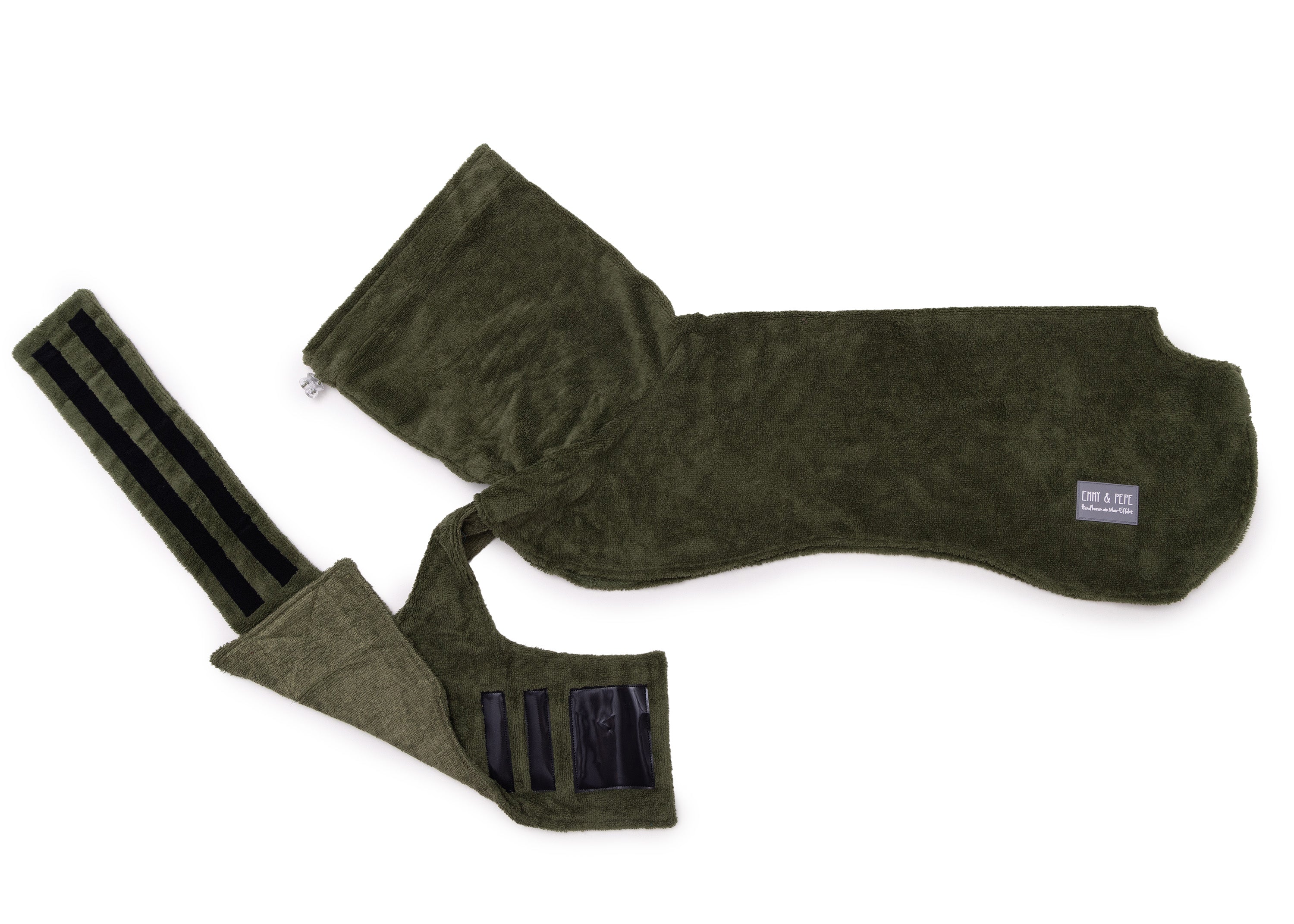 Hundebademantel aus Bambusfaser Olive mit geöffnetem Bauchgurt