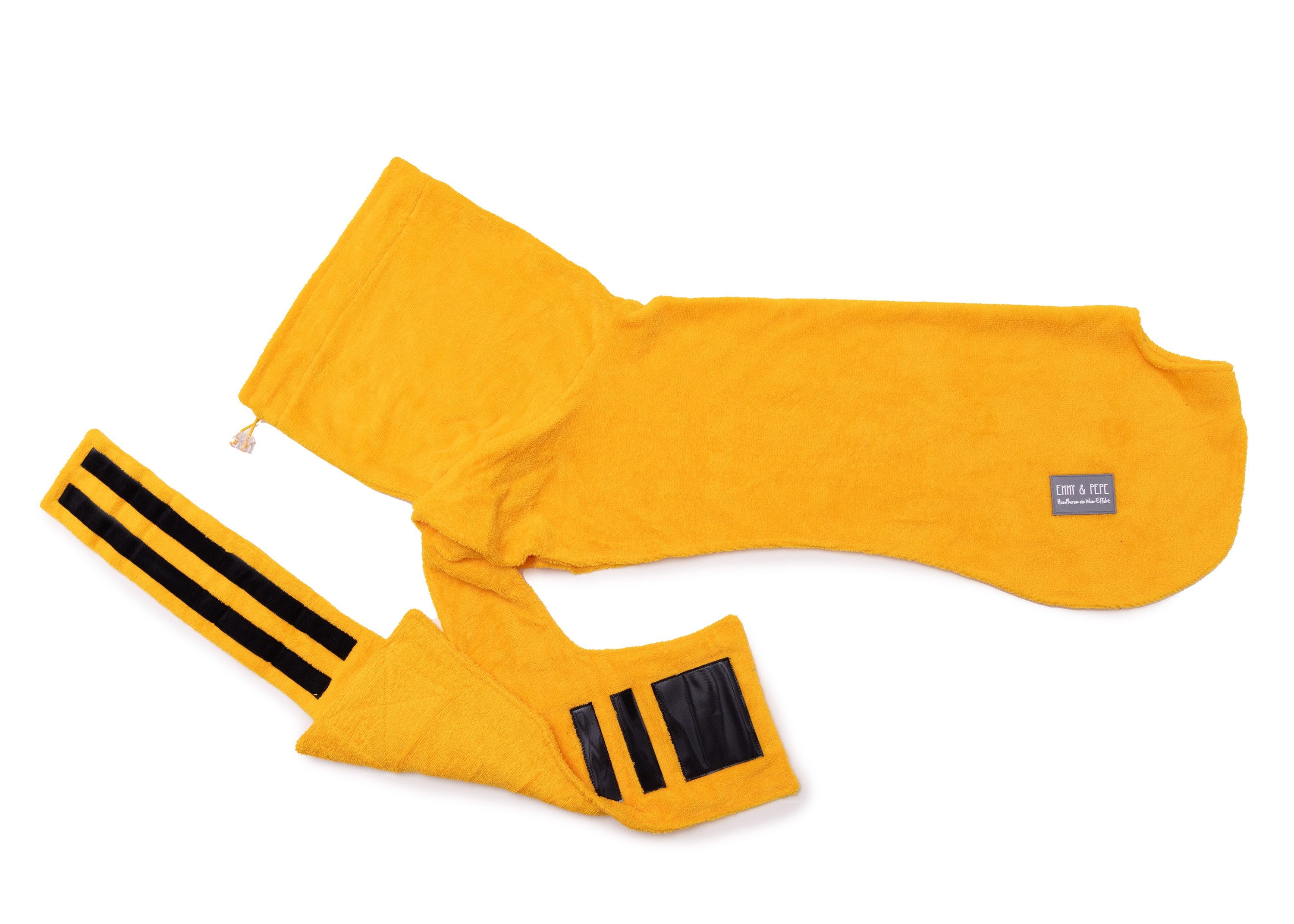 Hundebademantel aus Bambusfaser Shiny Mustard mit geöffnetem Bauchgurt