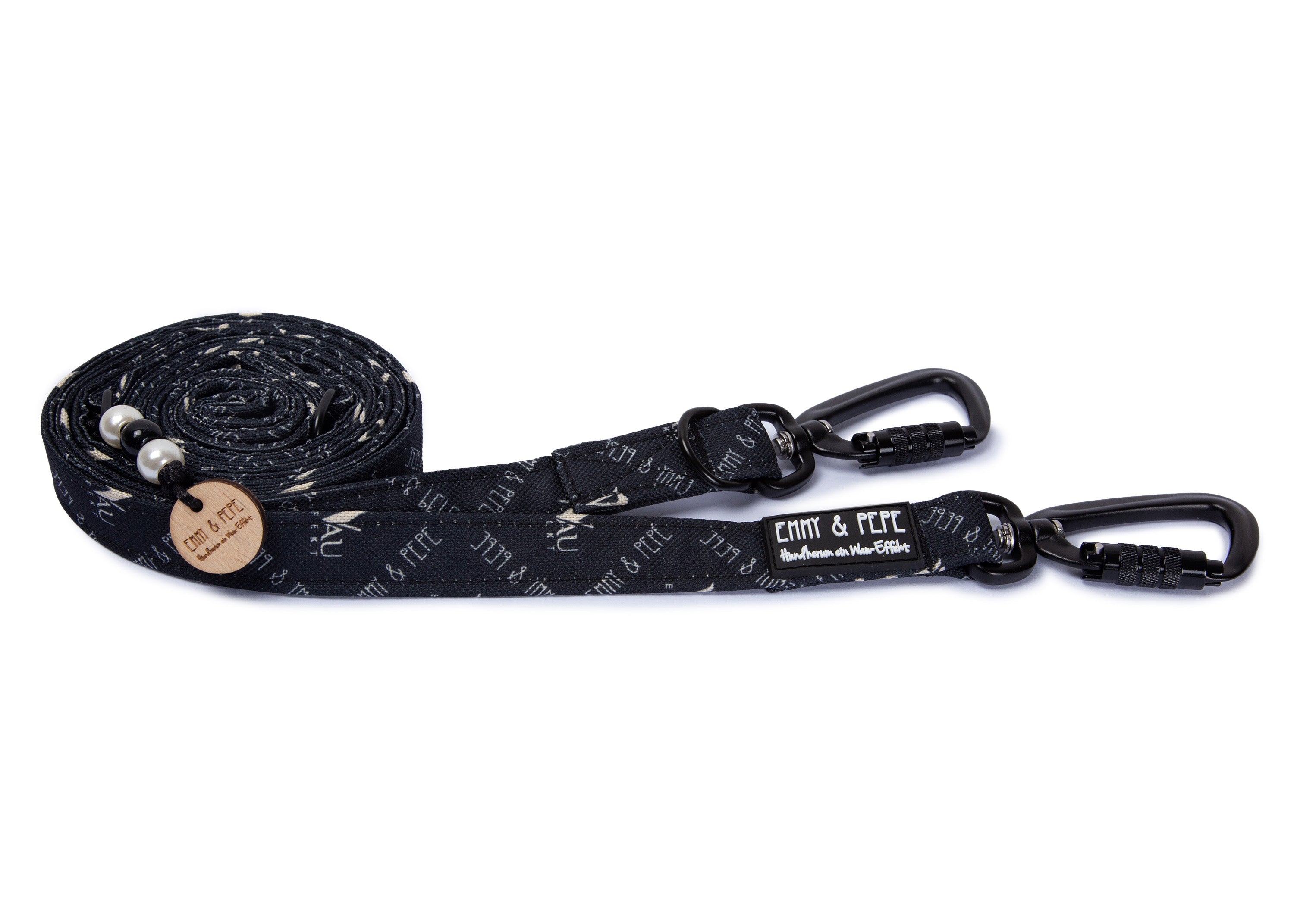 Hundeleine "Wau-Effekt" mit Sicherheitskarabiner, Schwarz mit weißen Mustern