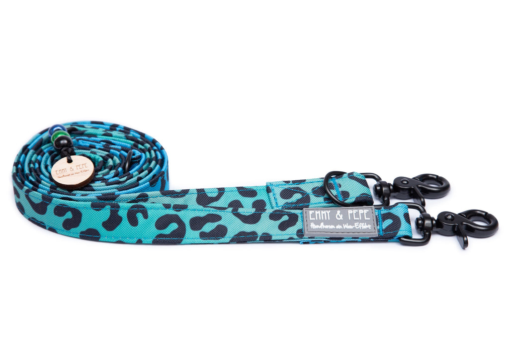 Hundeleine Modell Leo Aqua, blau mit Leomuster, in verschiedenen Größen