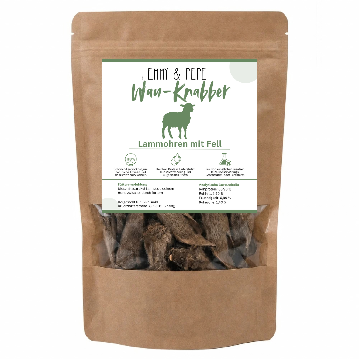 Wau-Knabber Lammohren mit Fell von EMMY & PEPE – Produkttüte, 100 % Lamm, schonend getrocknet