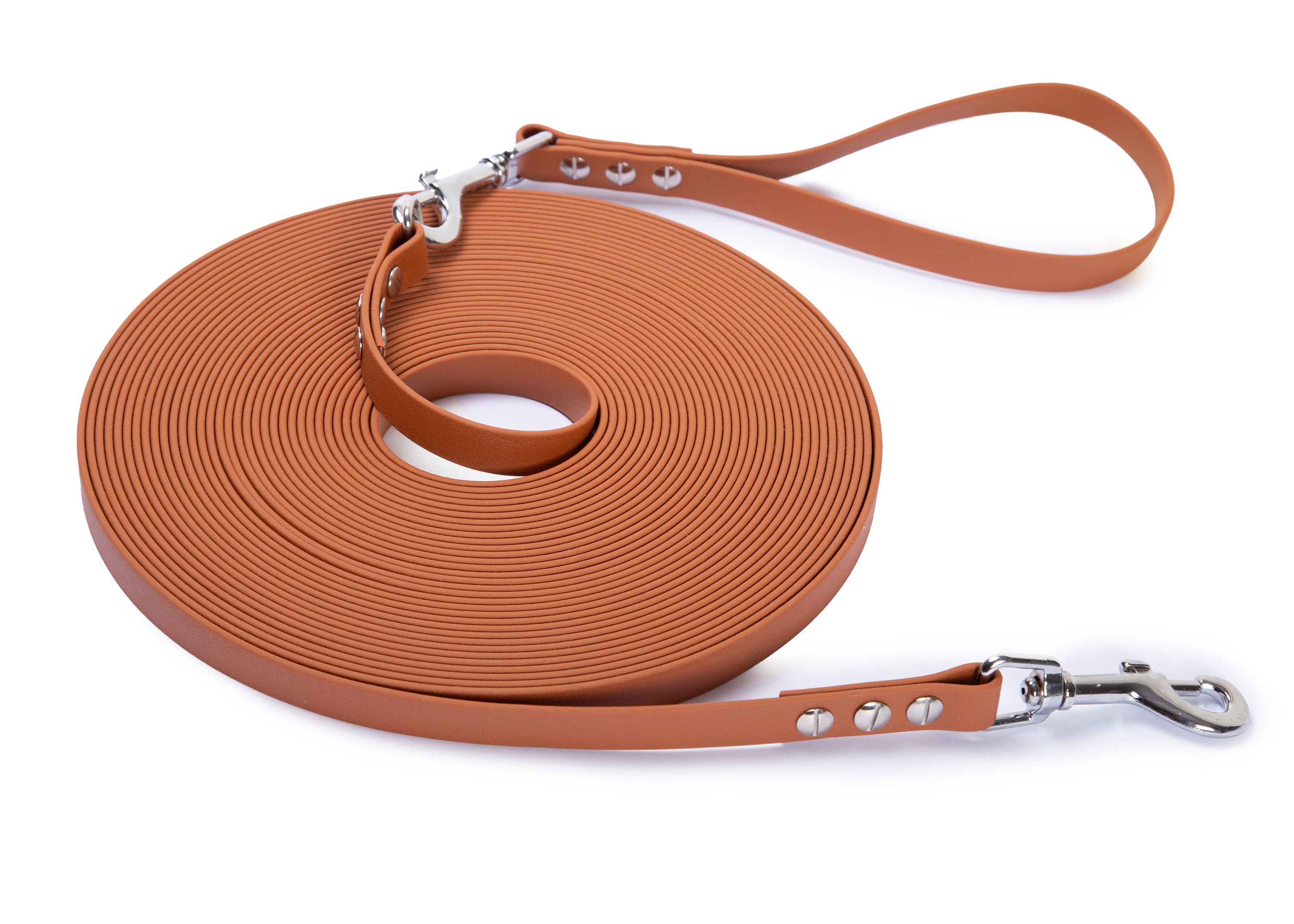 SuperflexSchleppleine-Hellbraun-13mm-15m-Bolzenkarabiner-silber mit abnehmbarer Handschlaufe