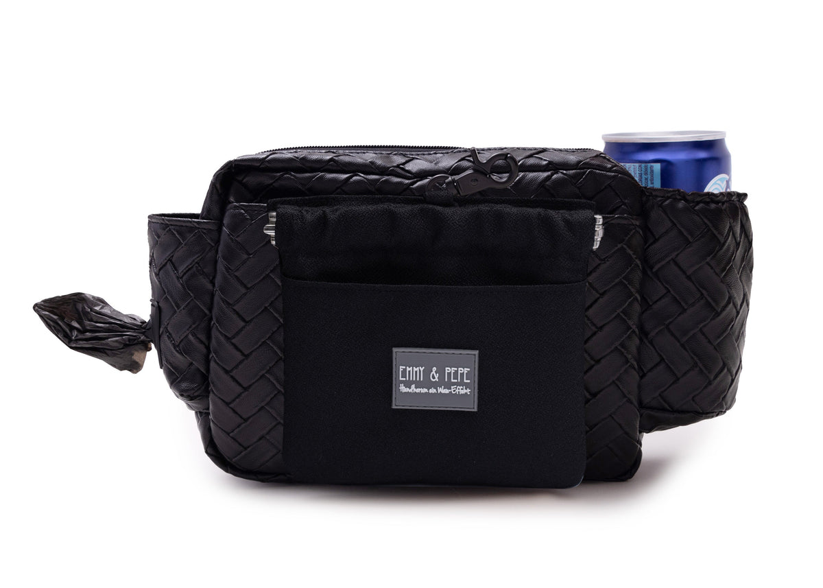 Wau-Pack große Gassitasche, Modell Edle in Schwarz, Gurtlänge  S (60-85cm),M (80-110cm),L (100-145cm)
