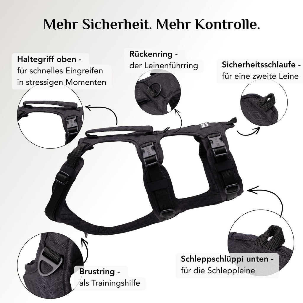 Wau-Safety Sicherheitsgeschirr Schwarz mit Rückenring, Brustring, Sicherheitsschlaufe und Schleppschlüppi