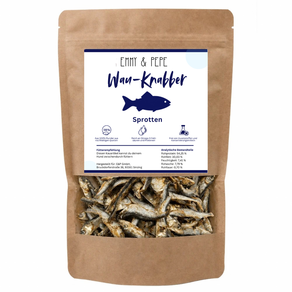Wau-Knabber Sprotte von EMMY & PEPE – Produkttüte, 100 % Sprotte, schonend getrocknet