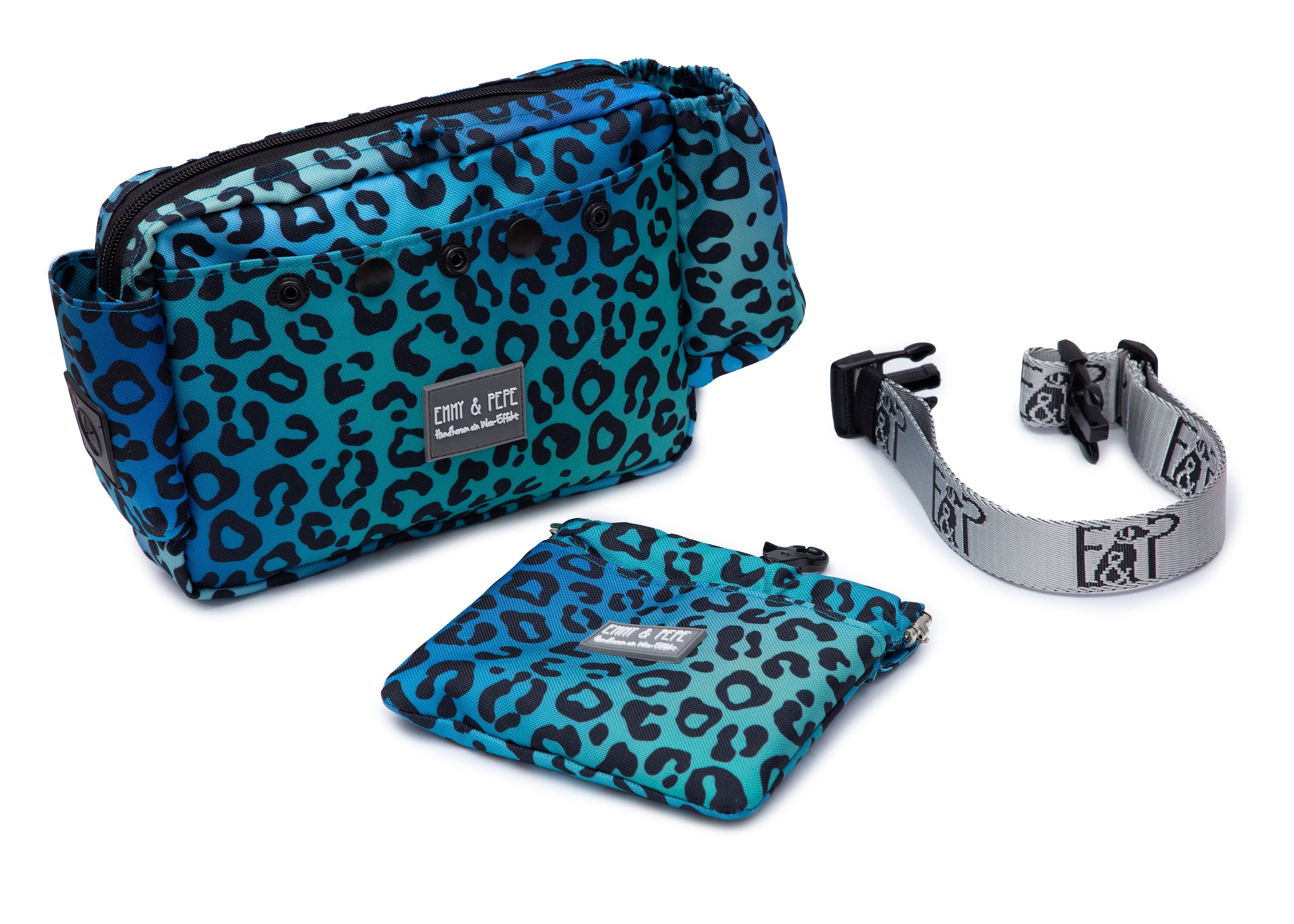 Wau-Pack große Gassitasche, Modell Leo Aqua, blau mit Leomuster, Grutlänge:  S (60-85cm),M (80-110cm),L (100-145cm) - bei jedem Spaziergang alles dabei