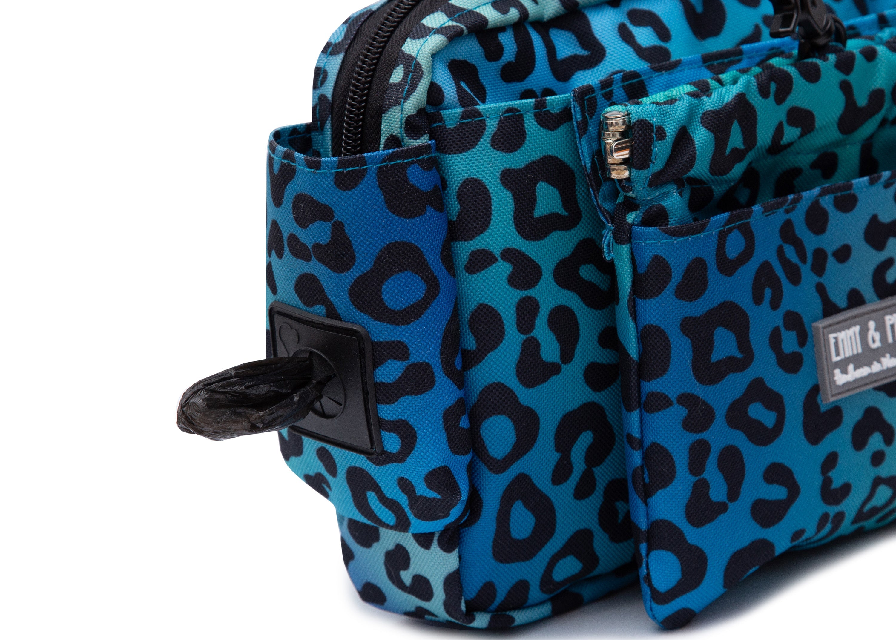 Wau-Pack große Gassitasche, Modell Leo Aqua, blau mit Leomuster, Grutlänge:  S (60-85cm),M (80-110cm),L (100-145cm) - bei jedem Spaziergang alles dabei - mit Kotbeutelspender