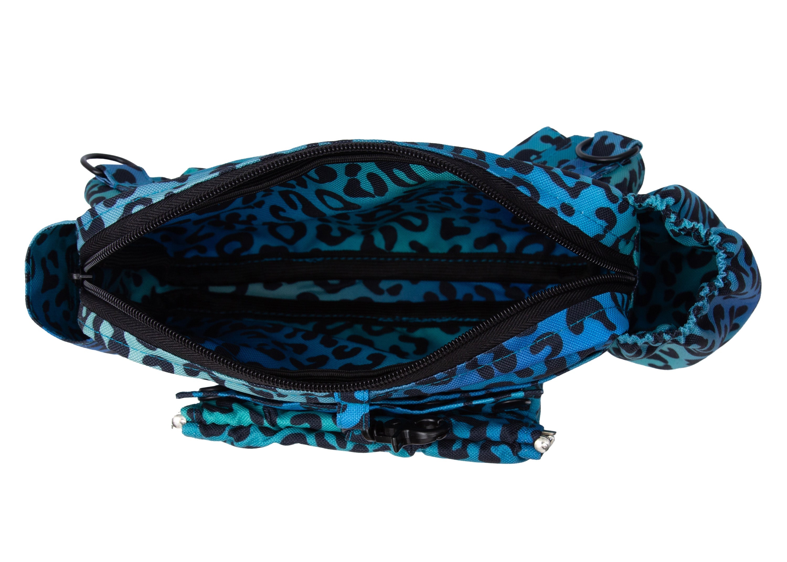 Wau-Pack große Gassitasche, Modell Leo Aqua, blau mit Leomuster, Grutlänge:  S (60-85cm),M (80-110cm),L (100-145cm) - bei jedem Spaziergang alles dabei - großes Innenfach mit viel Platz für Geldbeutel, Handy und mehr