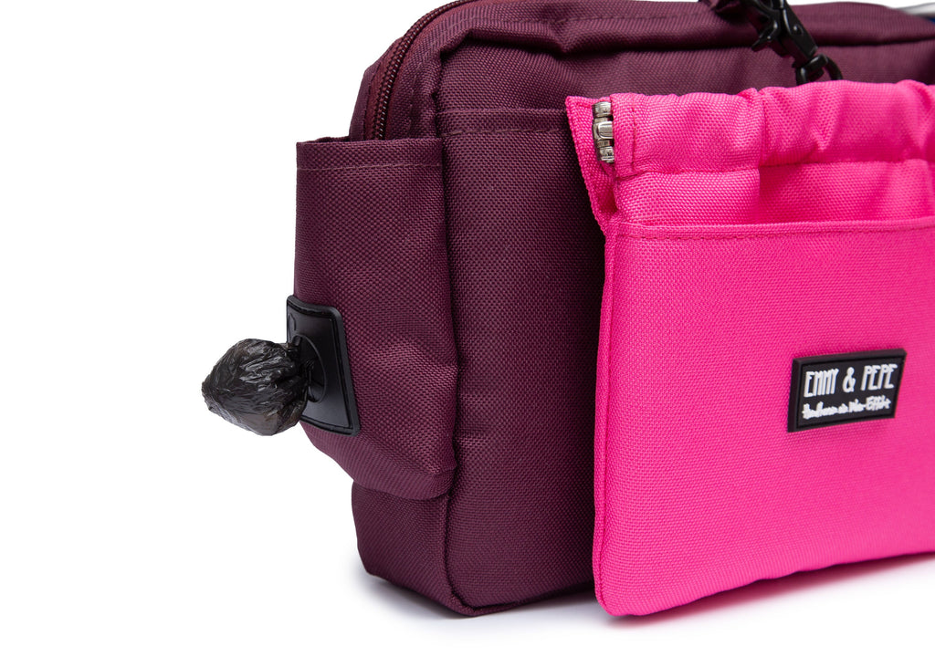 Wau-Pack große Gassitasche, Modell  Pink Berry, Gurtlängen S (60-85cm),M (80-110cm),L (100-145cm) - bei jedem Spaziergang alles dabei - mit Kotbeutelspender