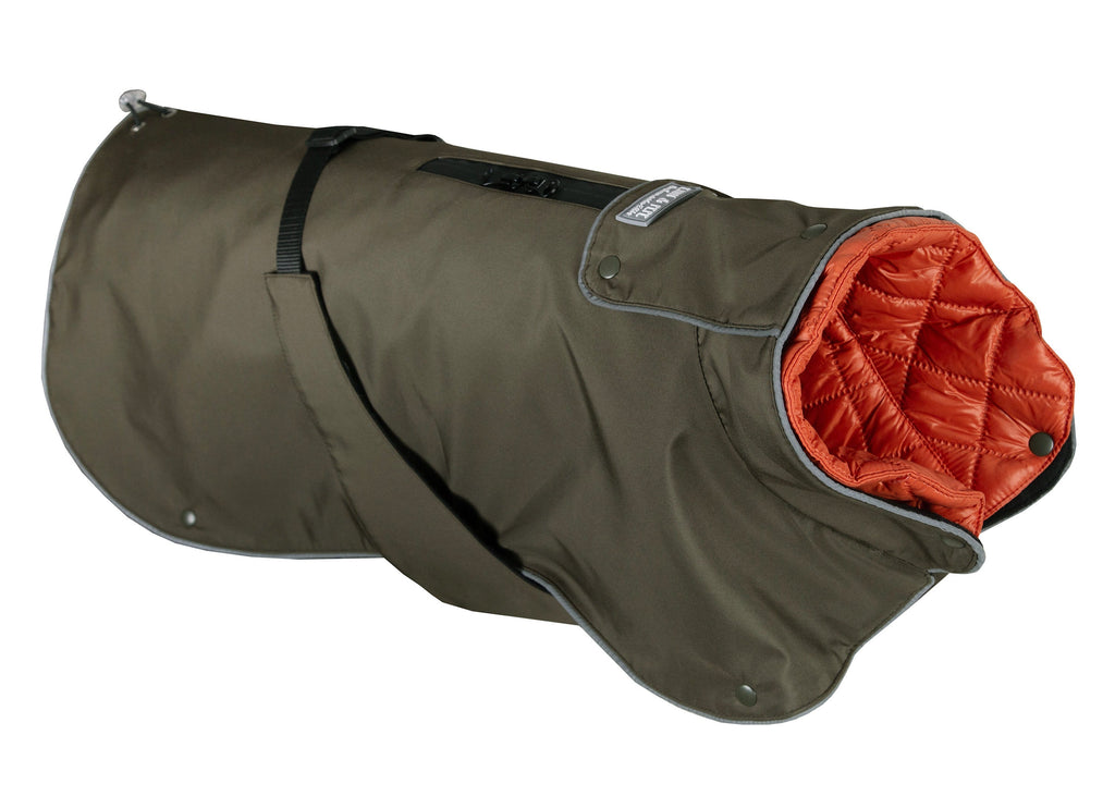 Wau-Coat 2 in 1 Hundemantel, Regen- und Wintermantel in einem, Modell Olive, Innenfutter Orange