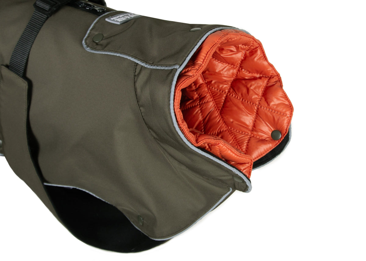Wau-Coat 2 in 1 Hundemantel, Regen- und Wintermantel in einem, Modell Olive, Innenfutter Orange  - hoher Kragen schützt den Nacken
