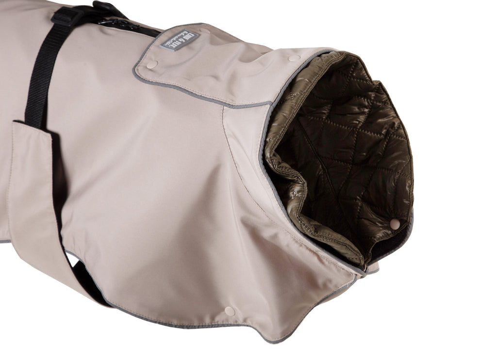 Wau-Coat Taupe, 2 in 1 Hundemantel für Regen und Kälte, mit hohem Kragen
