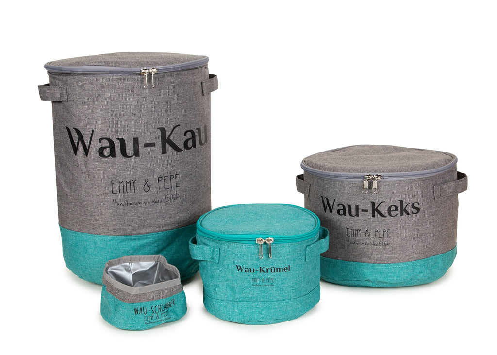 Wau-Kau Familie Farbe  Petrol - unsere praktischen Futteraufbewahrungen in verschiedenen Größen für Futter, Leckerlis und Kauartikel