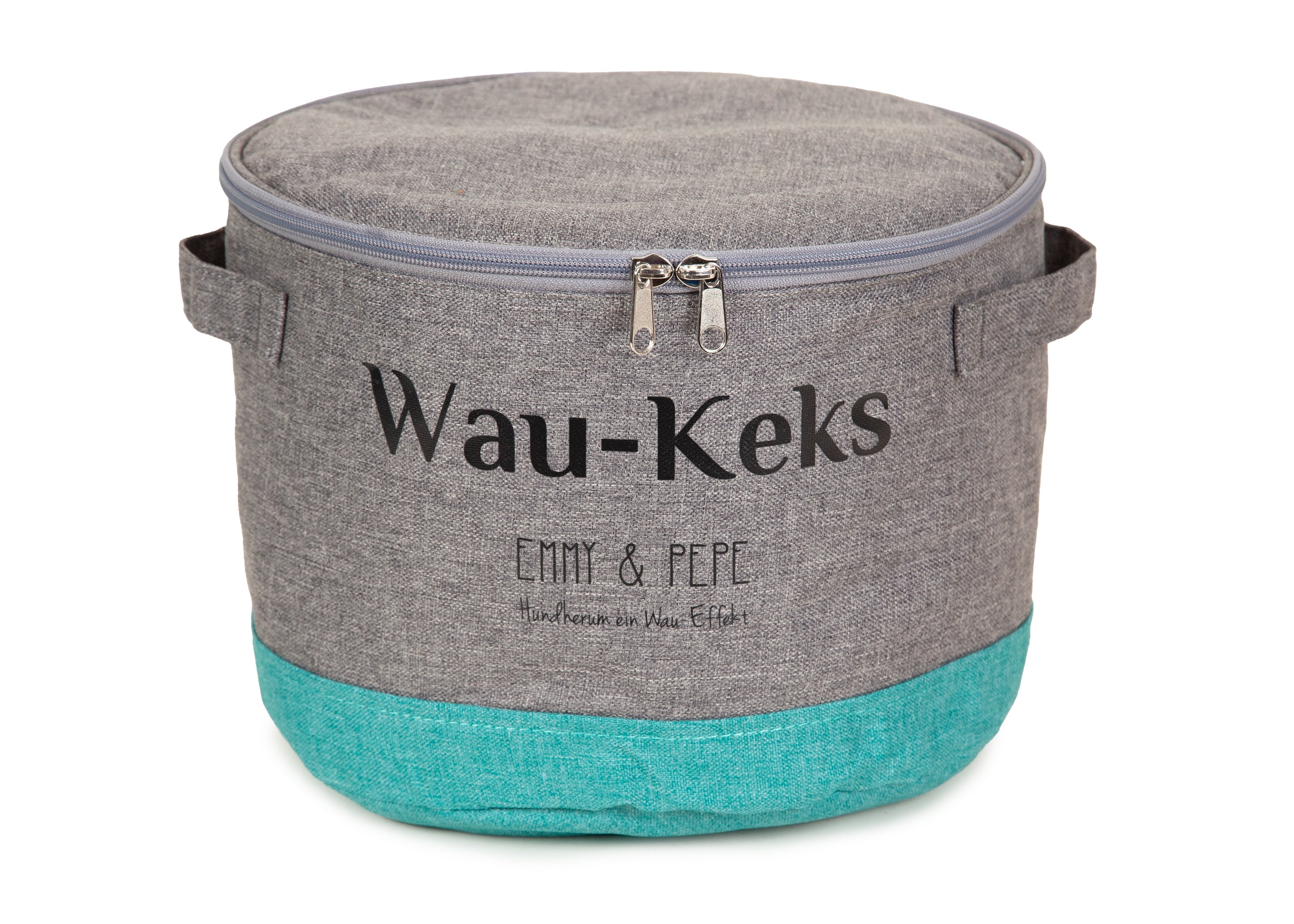 Wau-Keks Futtersack in Petrol und Grau zum Aufbewahren von Hundefutter und Leckerlis