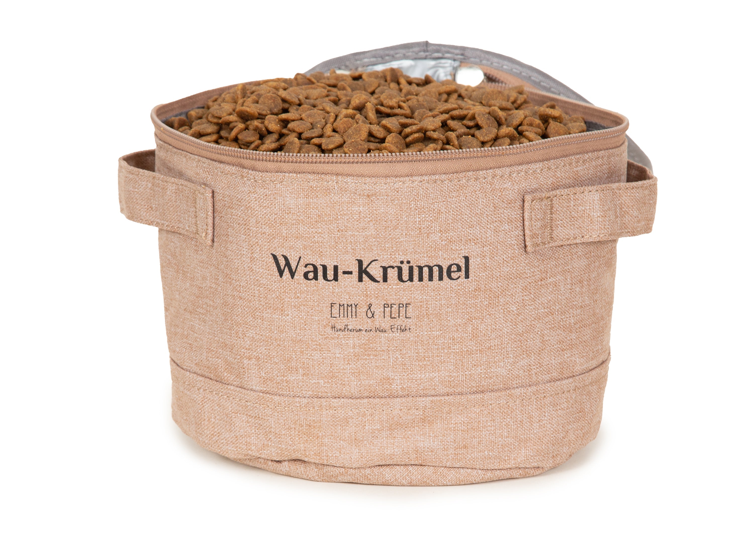 Wau-Krümel Futtersack, Farbe Taupe mit bis zu 3 Liter Fassungsvermögen