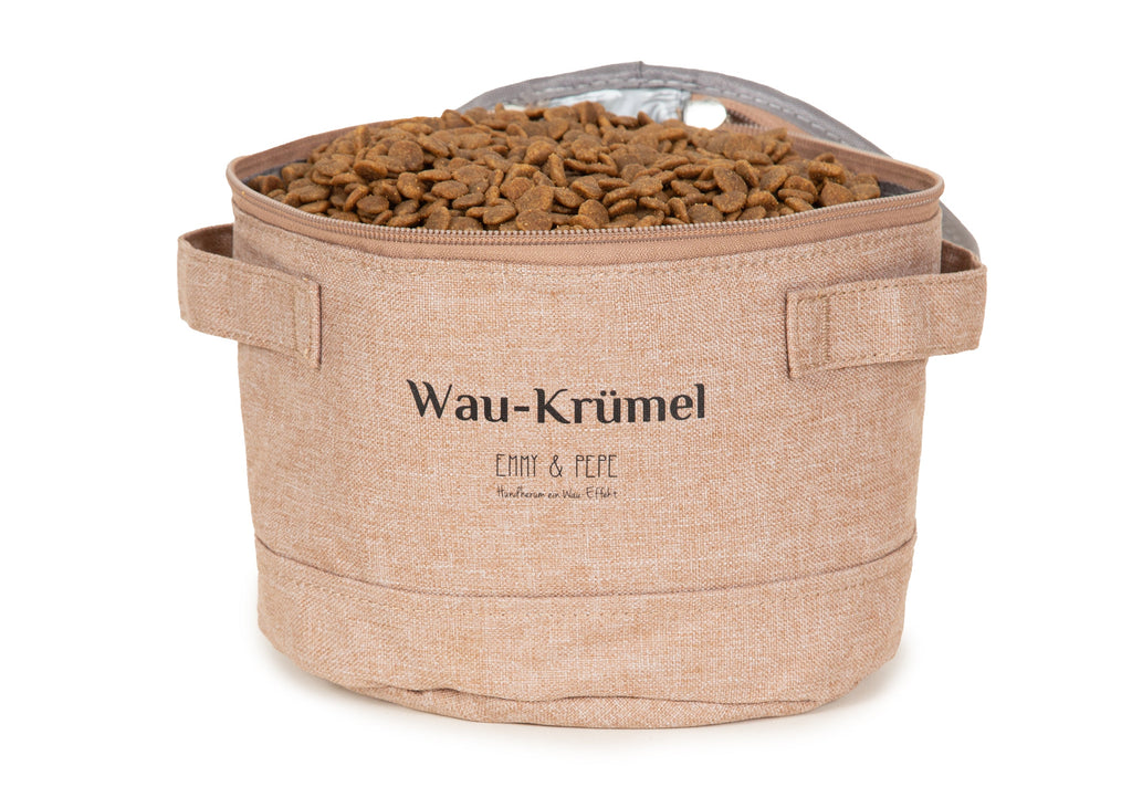 Wau-Krümel Futtersack, Farbe Taupe mit bis zu 3 Liter Fassungsvermögen