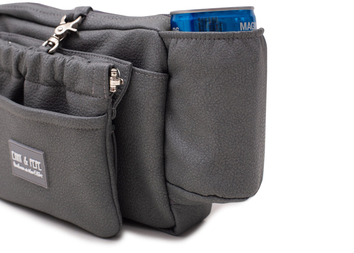 Wau-Pack große Gassitasche, Modell Kunstleder Dark Grey, dunkelgrau - mit vielen Fächern für jeden Spaziergang - mit Getränkehalterung