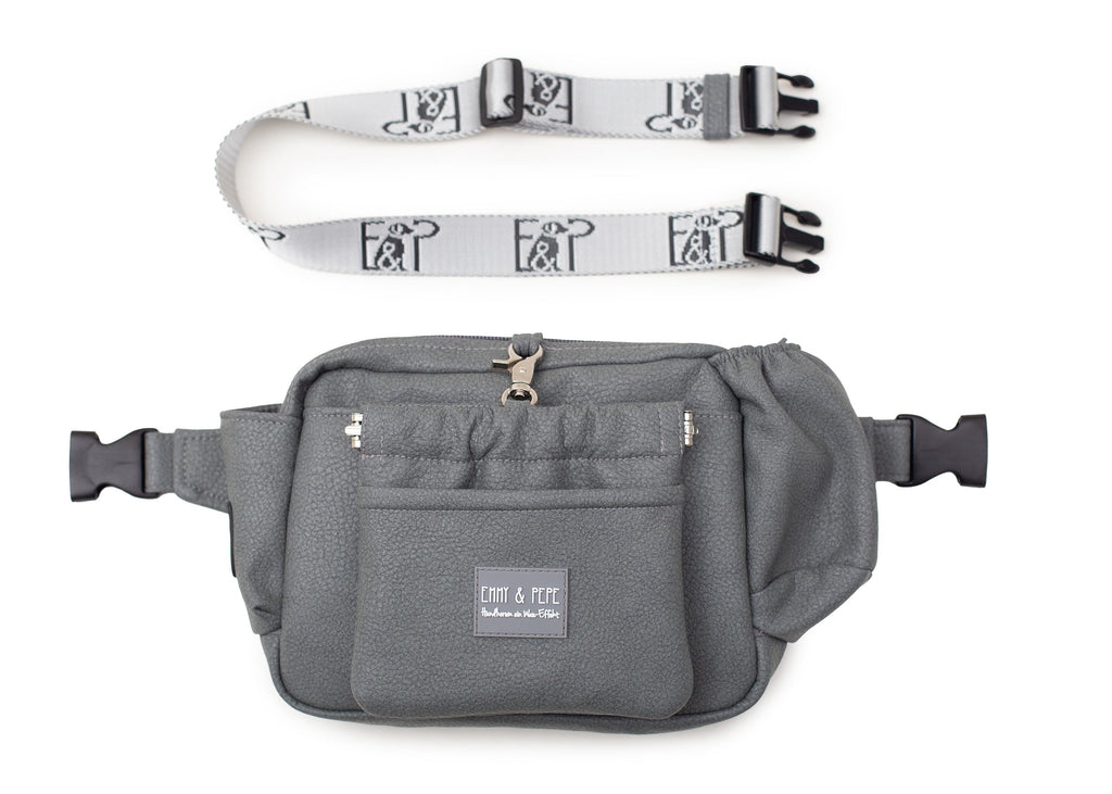 Wau-Pack große Gassitasche, Modell Kunstleder Dark Grey, dunkelgrau - mit vielen Fächern für jeden Spaziergang - mit verschiedenen Gurtlängen