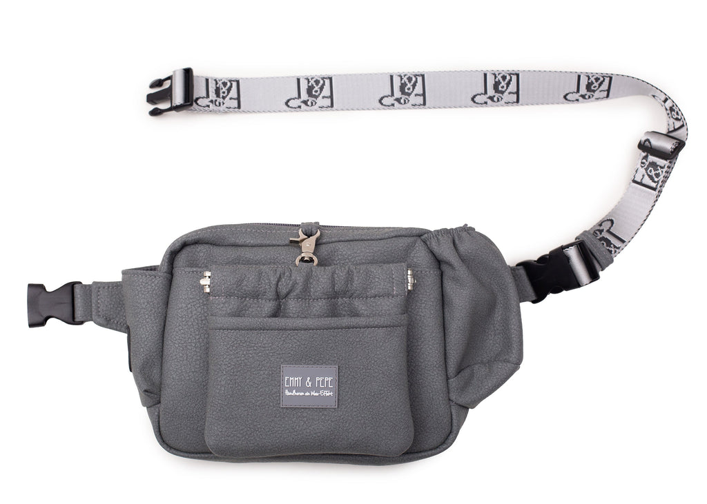 Wau-Pack große Gassitasche, Modell Kunstleder Dark Grey, dunkelgrau - mit vielen Fächern für jeden Spaziergang - verschiedene Gurtlängen zum Tragen als Crossbody-Bag