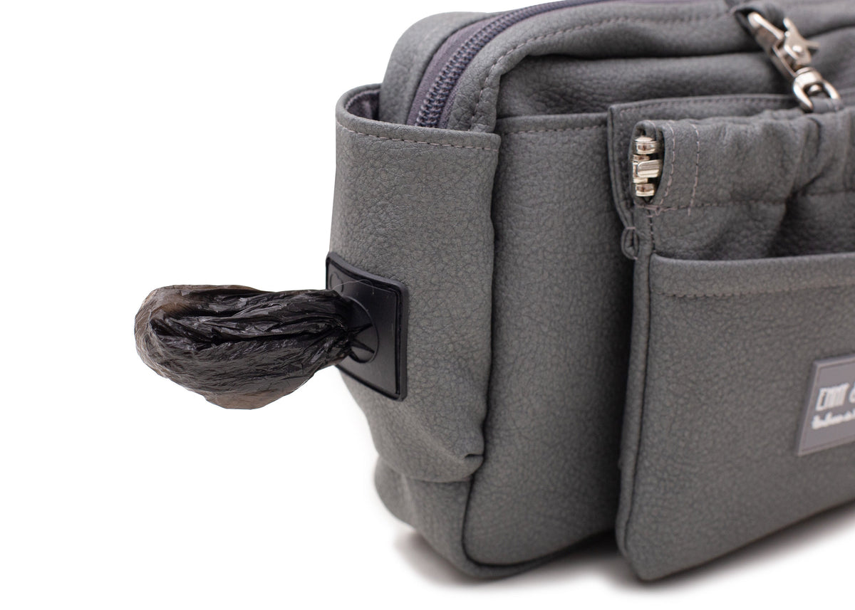 Wau-Pack große Gassitasche, Modell Kunstleder Dark Grey, dunkelgrau - mit vielen Fächern für jeden Spaziergang, mit abnehmbarer Kotbeutelspender