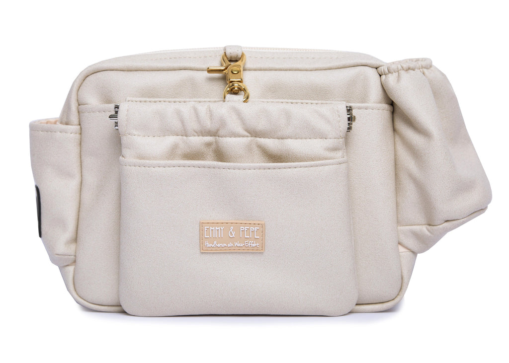 Wau-Pack große Gassitasche, Modell  Wildleder Creme, mit vielen praktischen Fächern - bei jedem Spaziergang alles dabei 