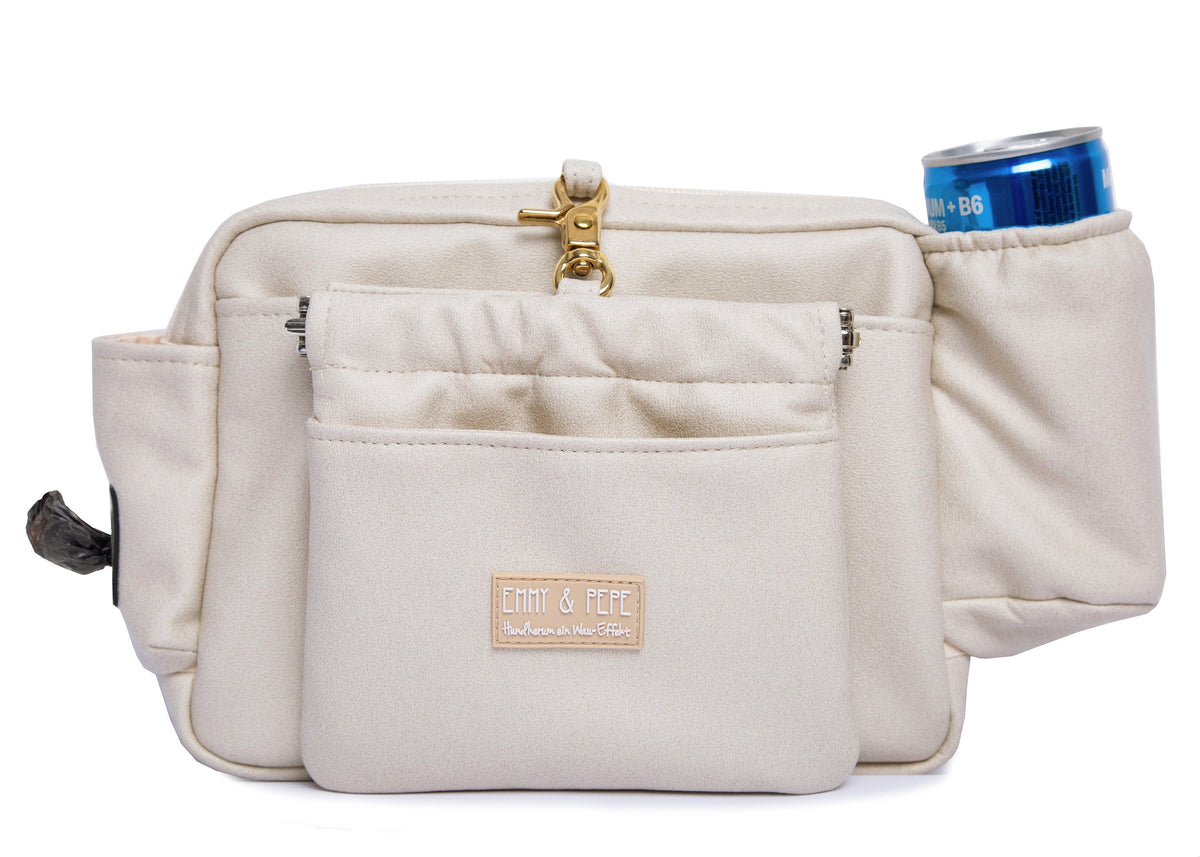 Wau-Pack große Gassitasche, Modell  Wildleder Creme, Gurtlänge  S (60-85cm),M (80-110cm),L (100-145cm) - bei jedem Spaziergang alles dabei