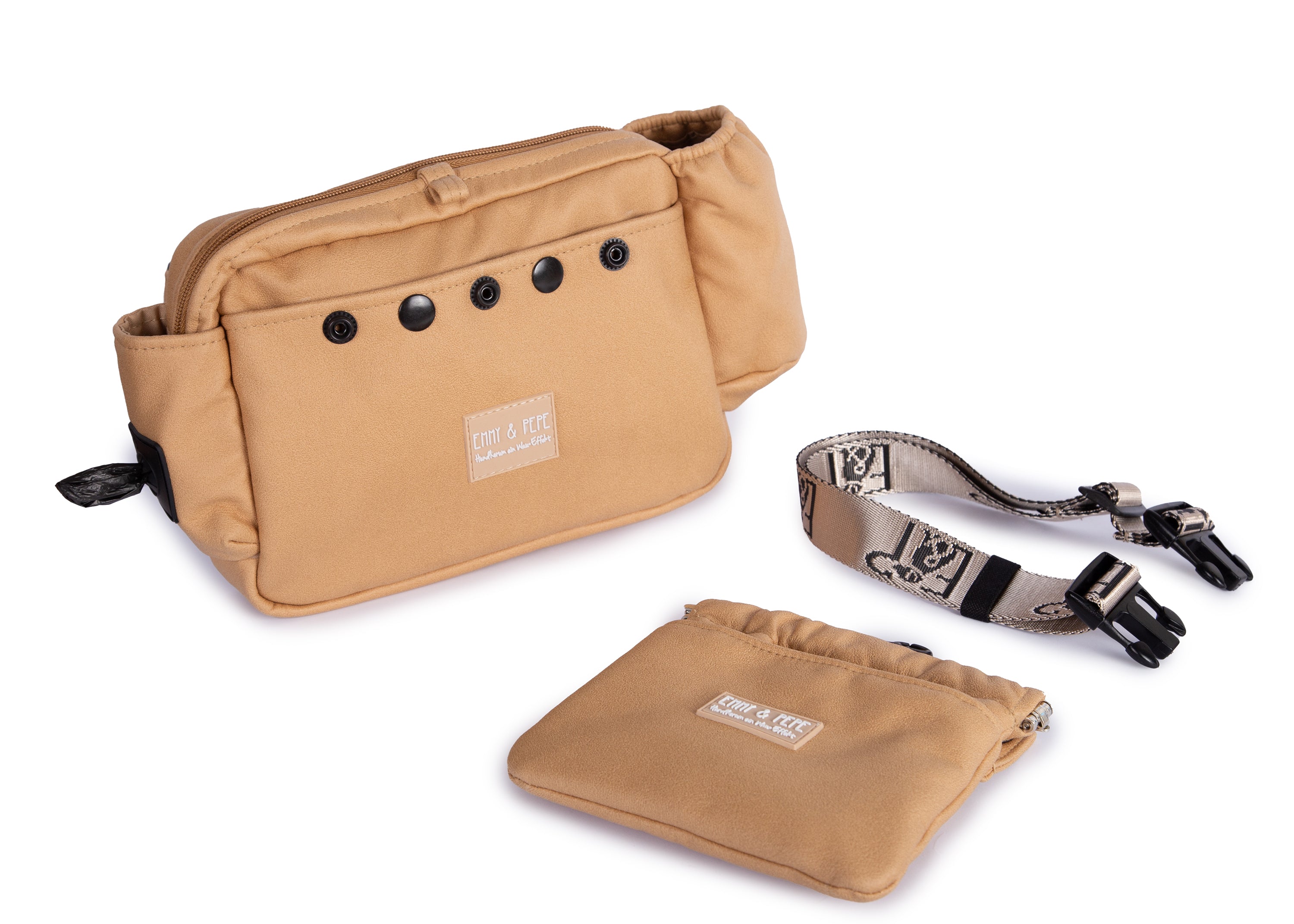 Wau-Pack große Gassitasche, Modell  Wildleder Mustard, mit vielen praktischen Fächern für jeden Spaziergang