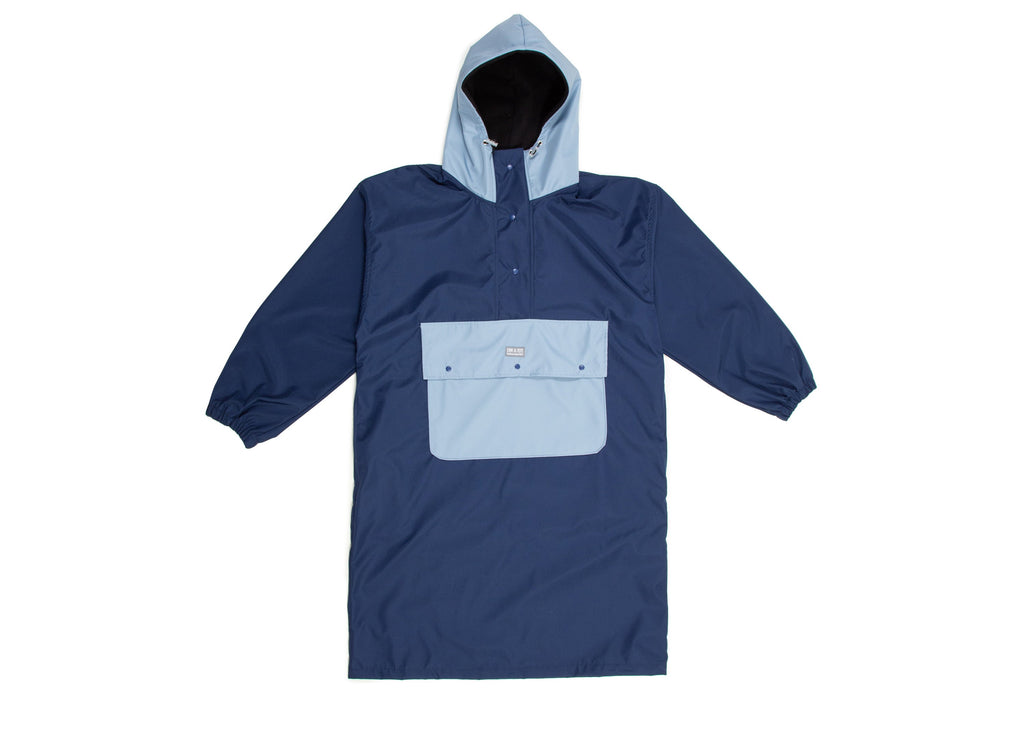 Wau-Poncho Regenponcho, Modell  Hellblau-Dunkelblau, mit großer Bauchtasche 