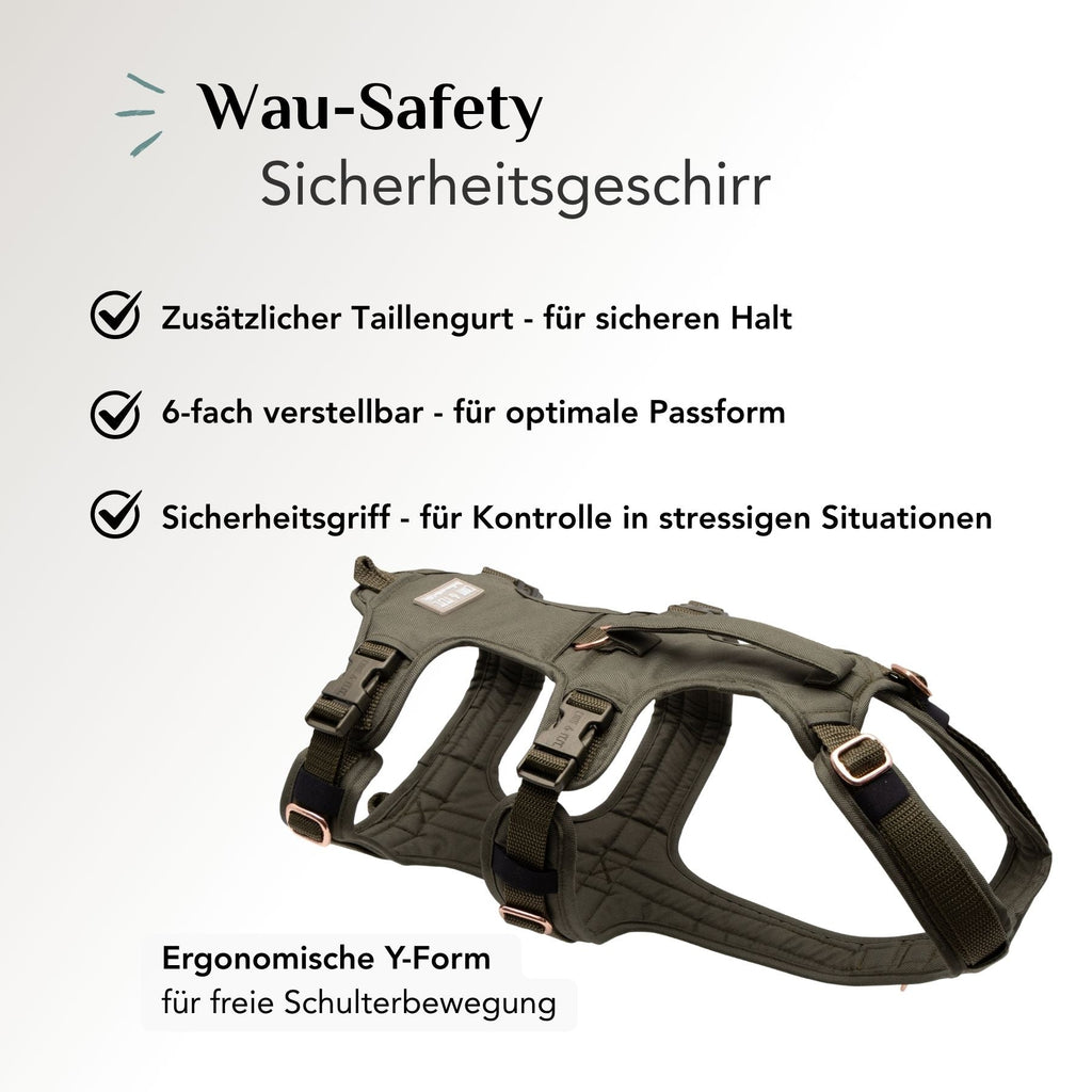 Sicherheitsgeschirr für Hunde Lotte Olivgrün mit Taillengurt, 6-facher Verstellung und ergonomischer Y-Form