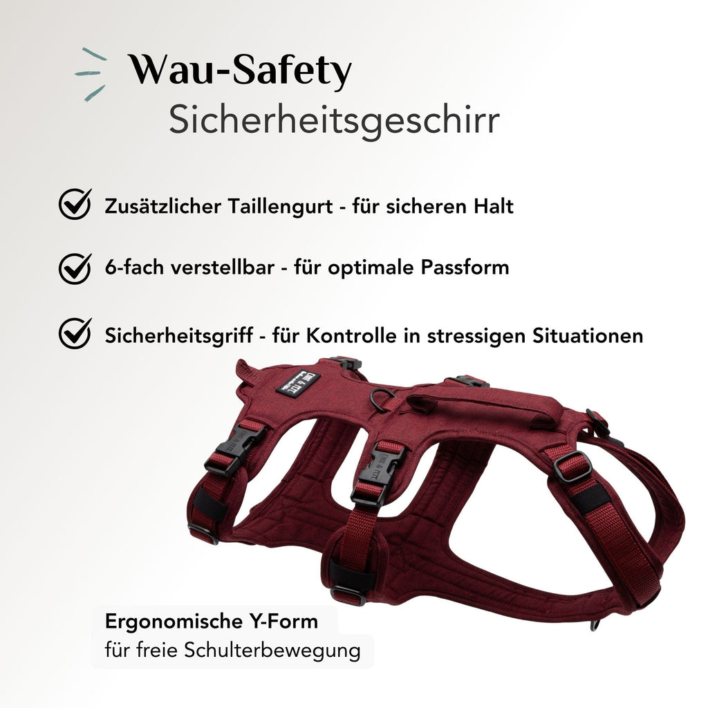 Sicherheitsgeschirr für Hunde Velvet in Bordeauxrot mit Taillengurt, 6-facher Verstellung und ergonomischer Y-Form