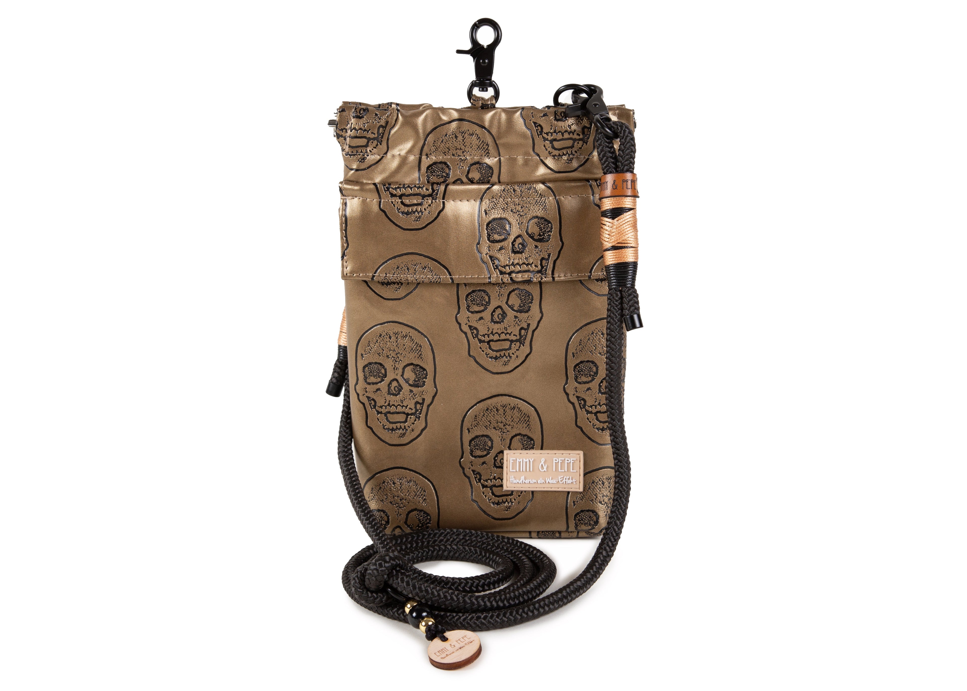 Gassitasche Wau-to-go Goldskull aus Kunstleder in gold mit schwarzen Totenköpfen und mit Schultergurt und mehreren praktischen Fächern